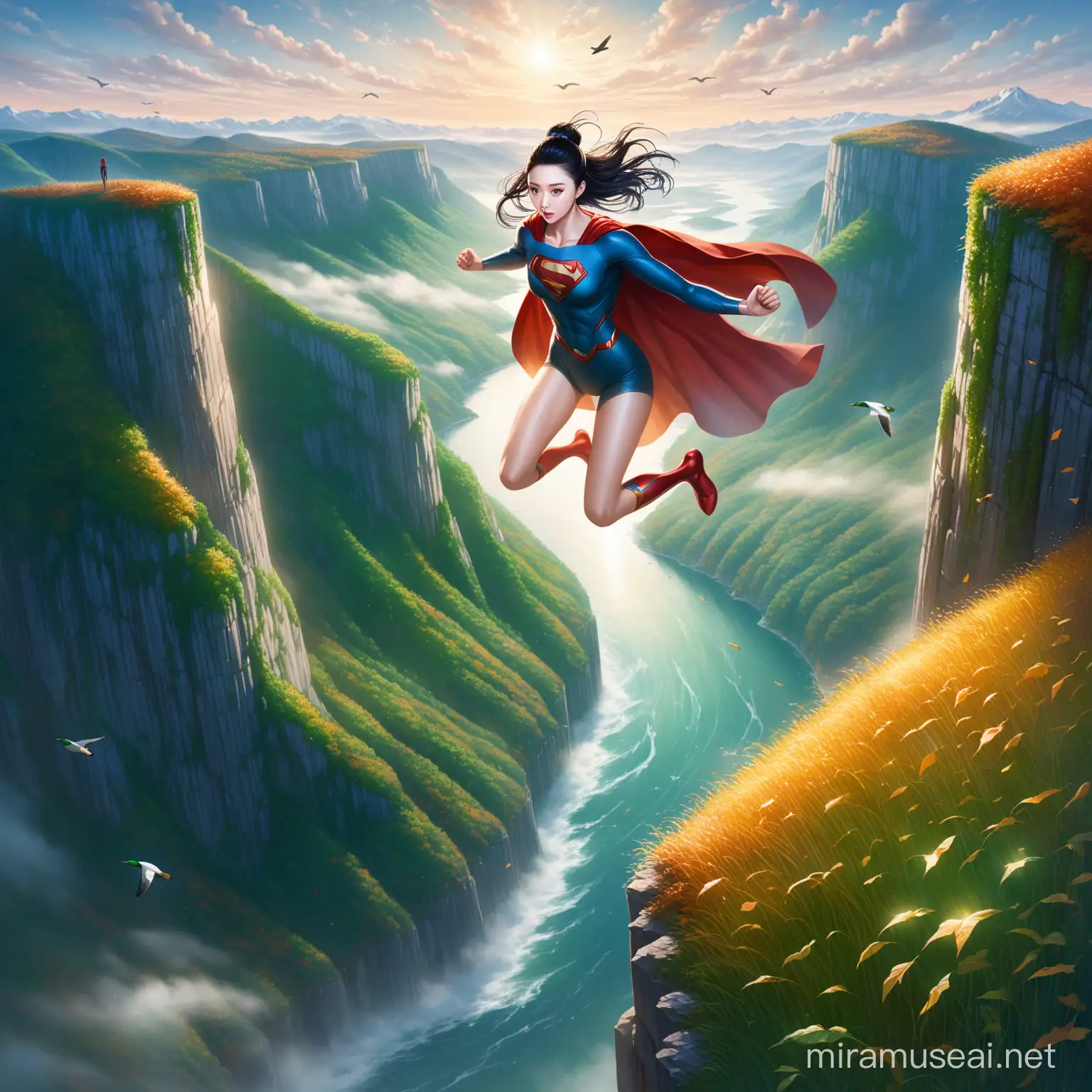 Super Woman Levitating Over Cliff in Metal Superman Outfit