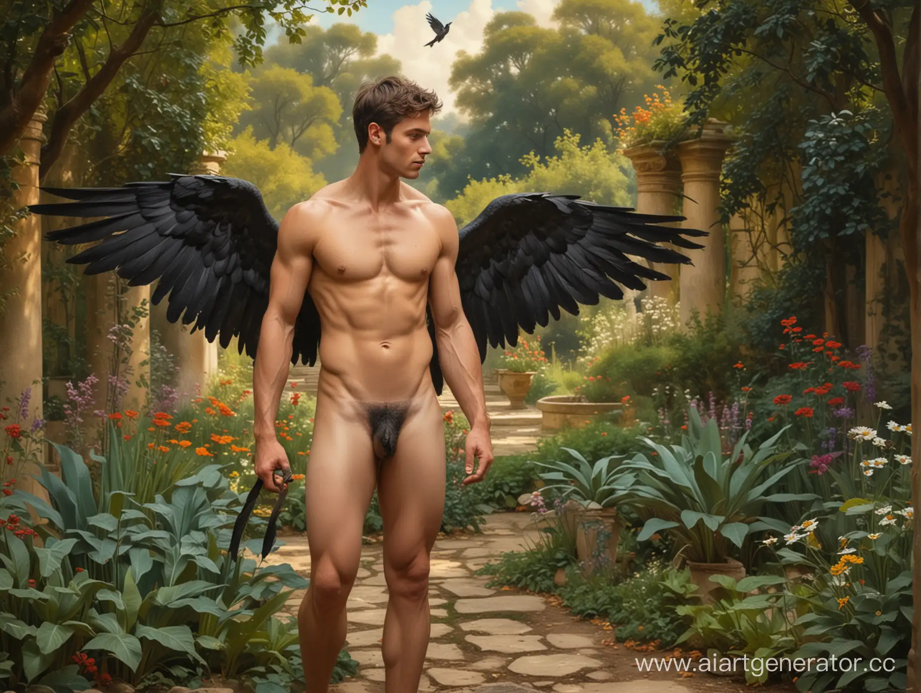 Naked-Man-with-Black-Wings-Painting-in-Serene-Ancient-Garden