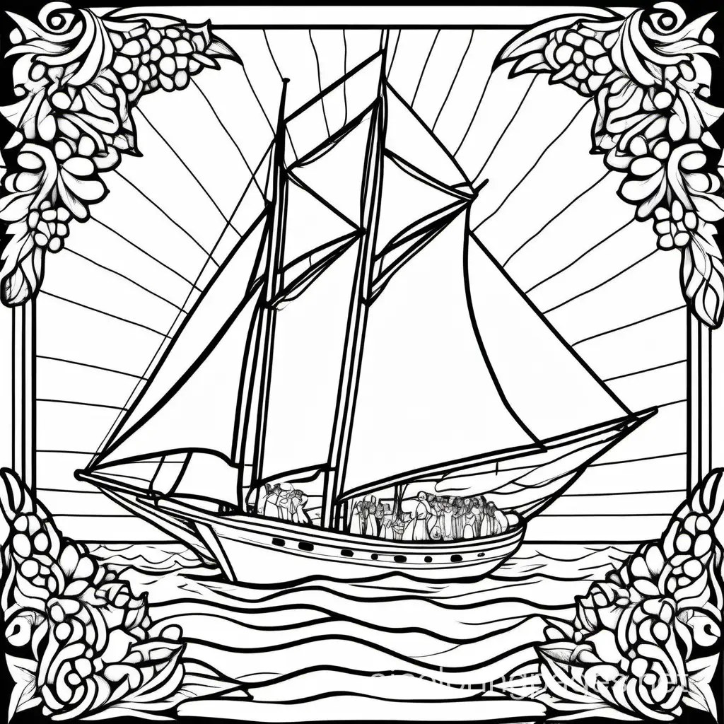Wedding on floral festooned 25 foot schooner off the coast of key west at sunset, Coloring Page, black and white, line art, white background, Simplicity, Ample White Space. The background of the coloring page is plain white to make it easy for young children to color within the lines. The outlines of all the subjects are easy to distinguish, making it simple for kids to color without too much difficulty