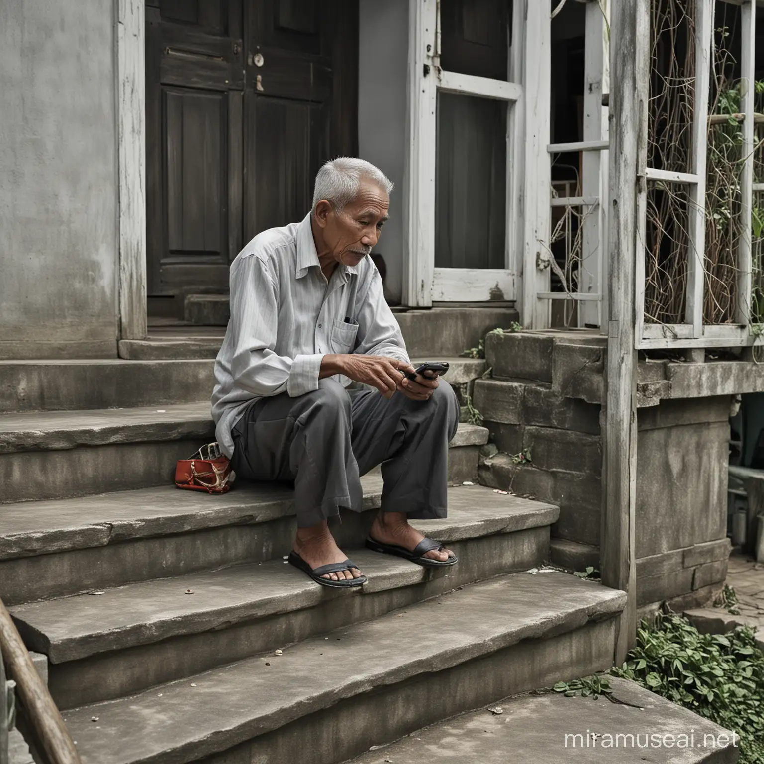 ultra realistic, old malay man sitting on the stairs outside his house because he is waiting for his son to return to the village, on the stairs while looking at the phone with his wife, outdoor area of ​​modern village house, canon eos-id x mark iii dslr --v 6.0
