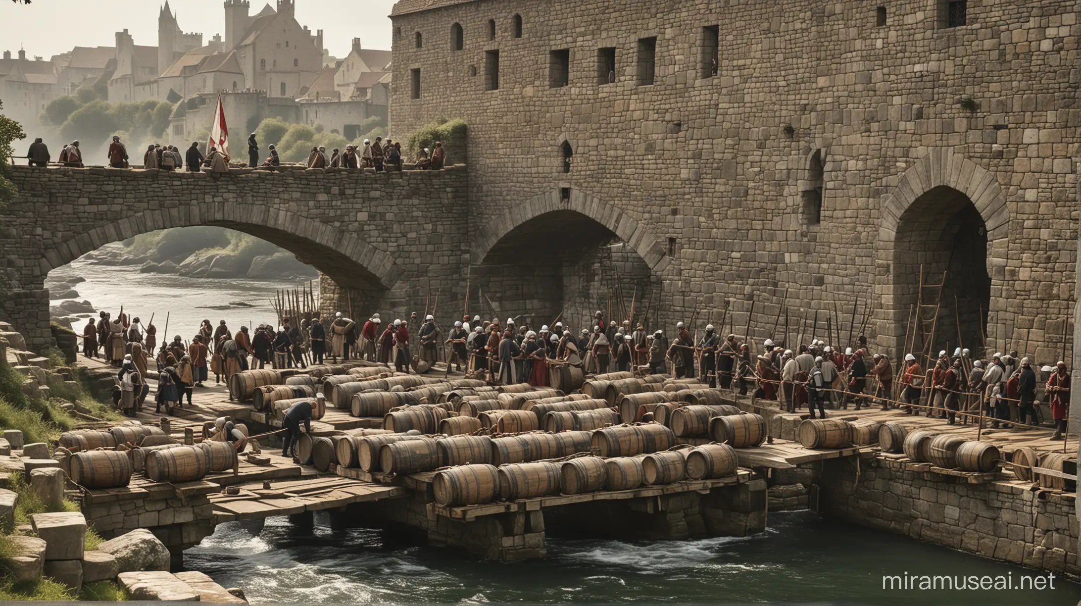 medieval sailors working as a crew setting up barrels around a large stone bridge