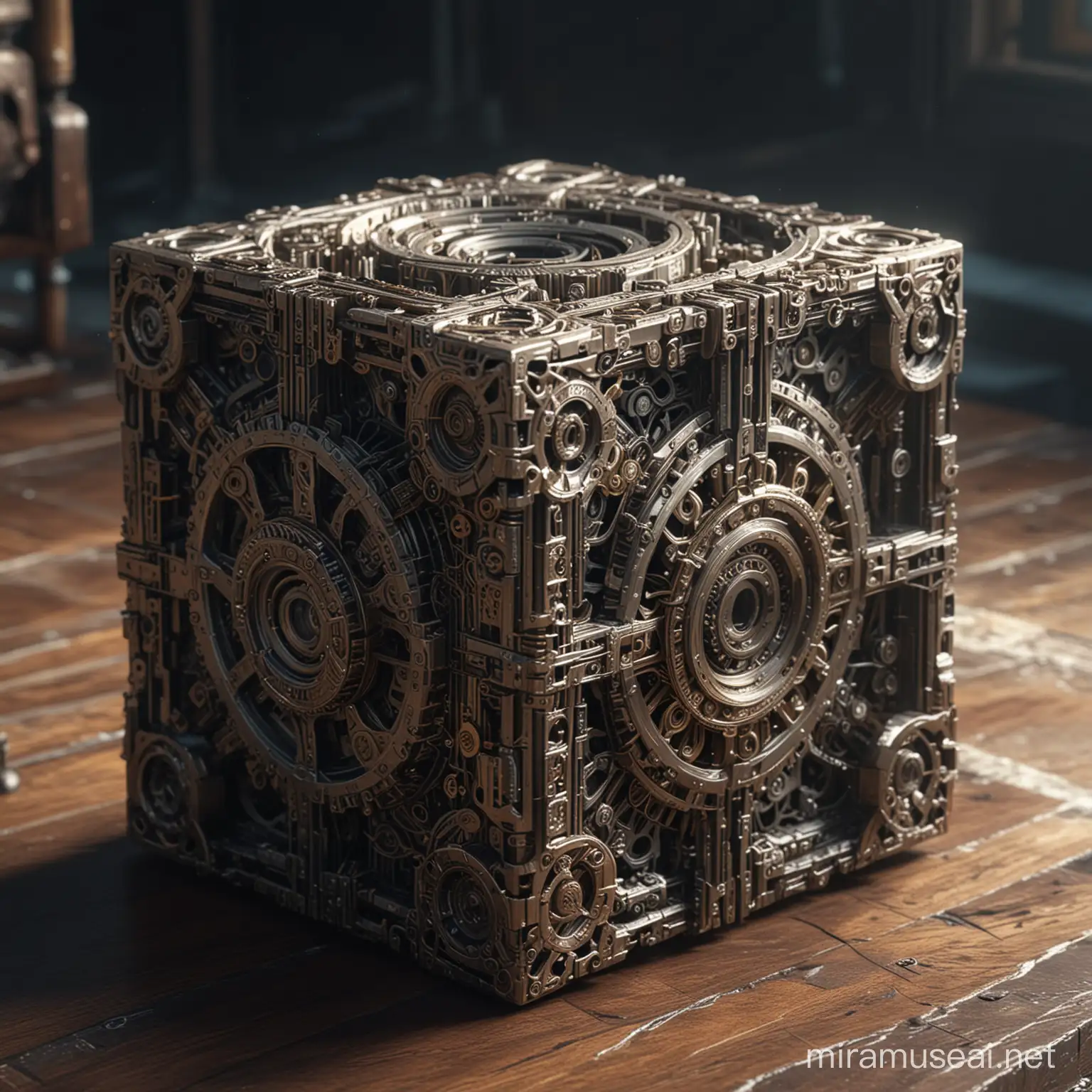 Fantasy Art Magical Gear Cube in Renaissance Cyberpunk Style