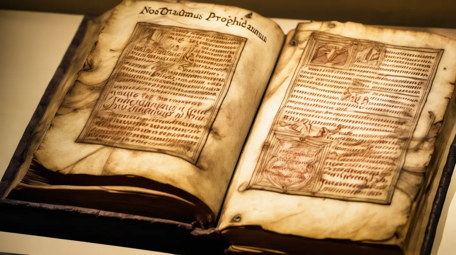 Nostradamus prophecies written on an ancient book in a museum