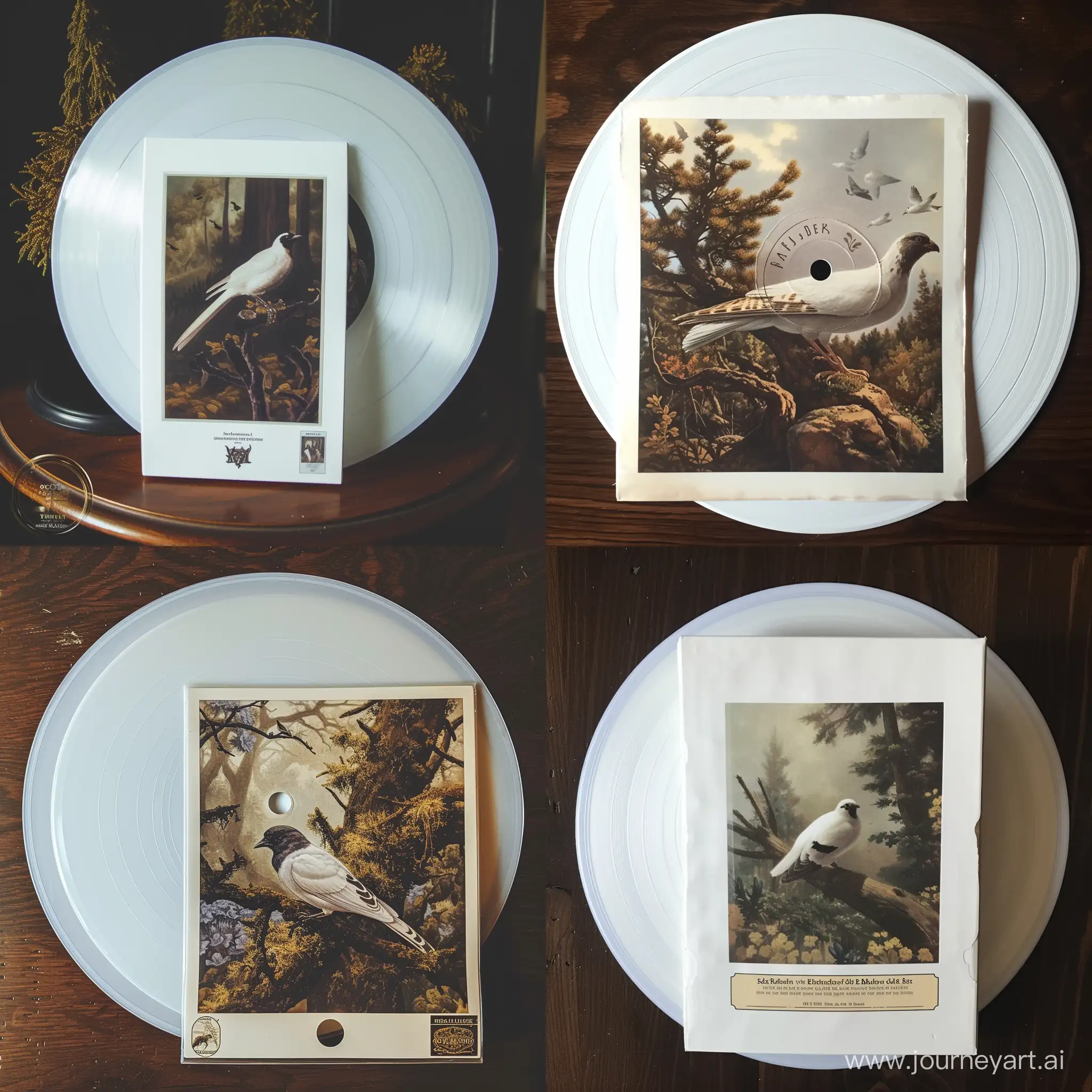 there is a white vinyl with a picture of a bird on it, inspired by Balthasar van der Ast, octopath voyager, wolff olins |, mark brooks and brad kunkle, kingdoms of ether, bio-inspired design, cypresses, editor's pickup, inspired by Andrew Wyeth, parlor