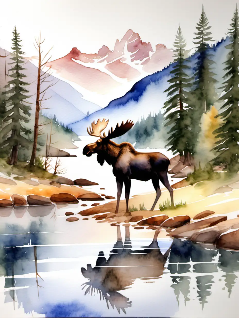 Serene Watercolor Moose Landscape Painting