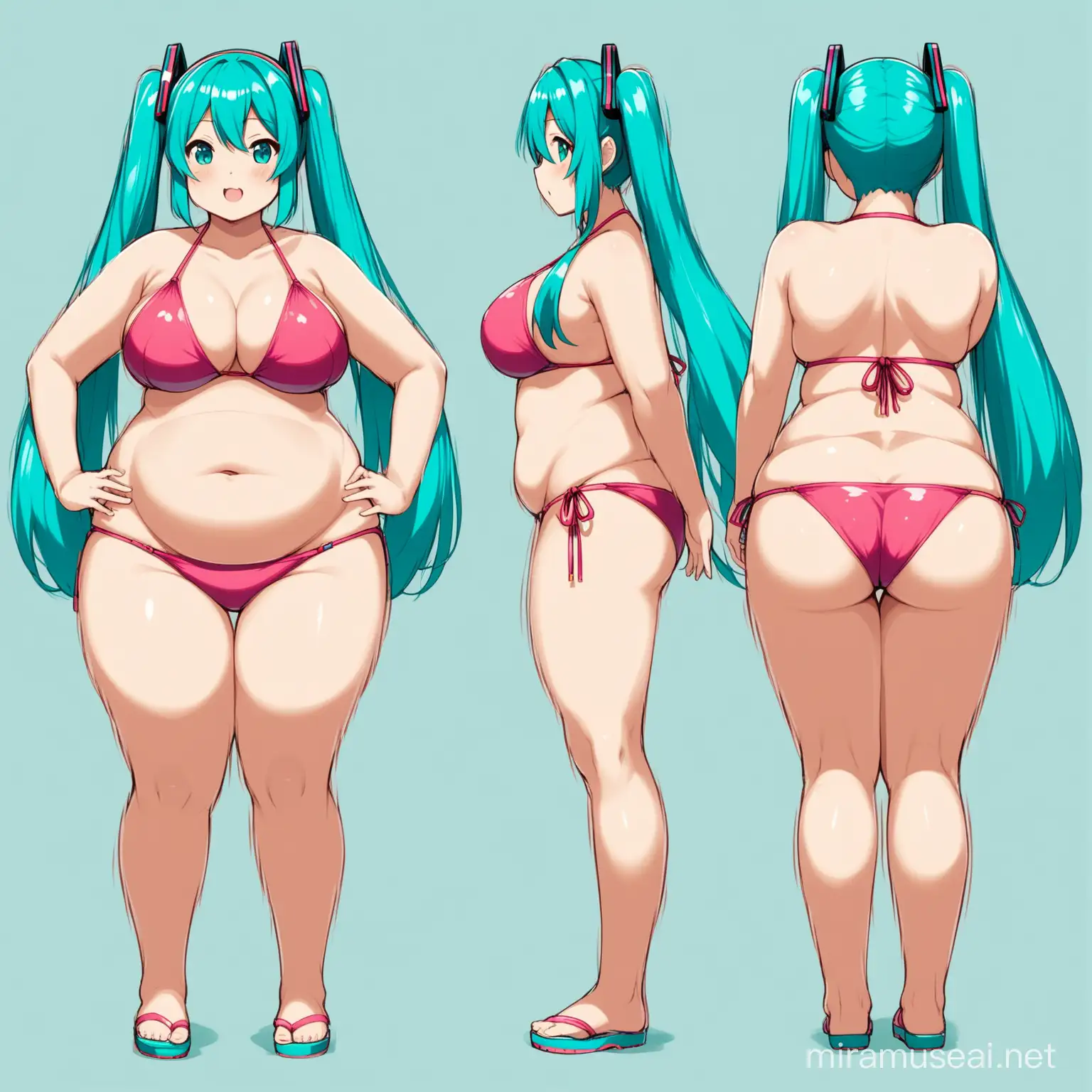 Fat and chubby Hatsune miku in bikinis (front, side, and back view) (100 steps)