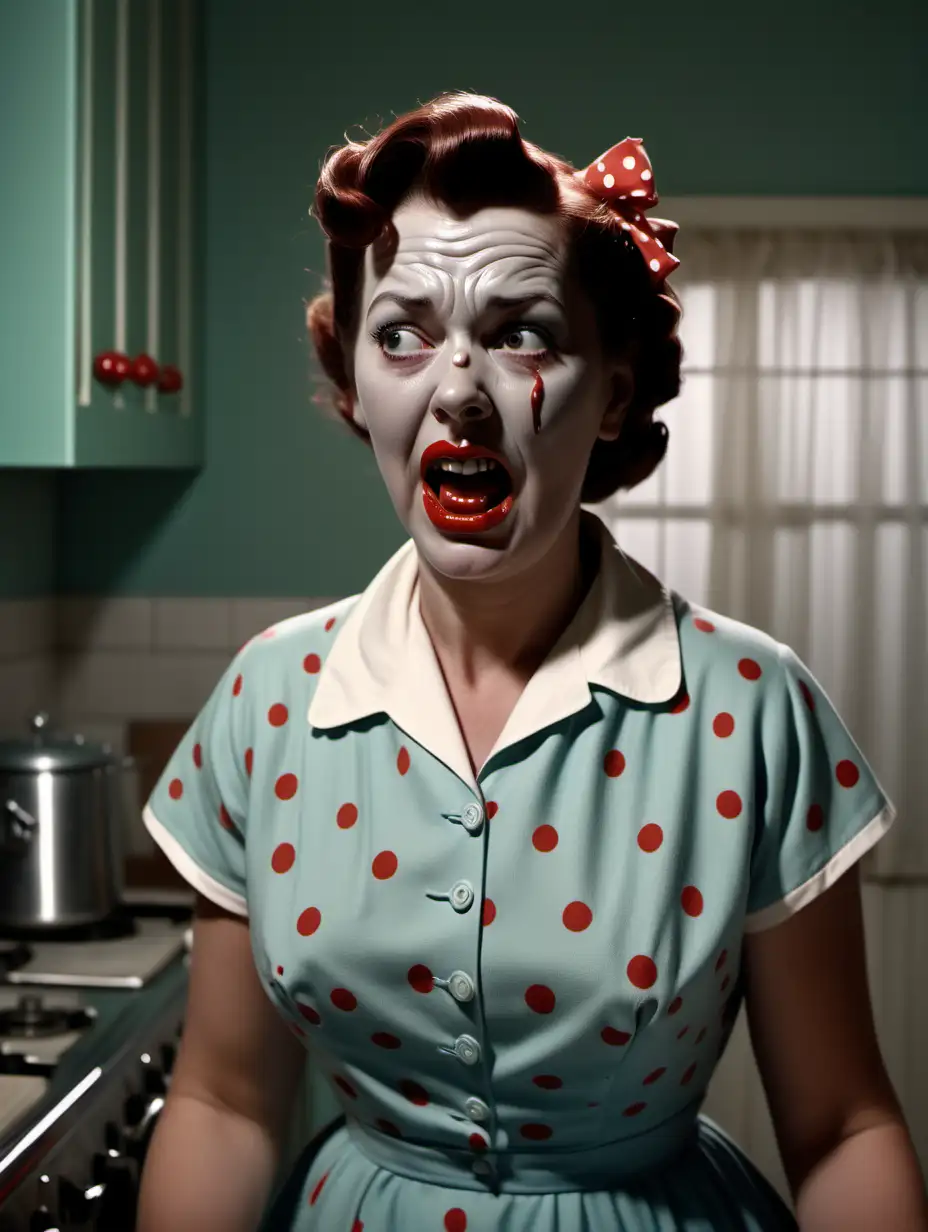 1950s housewife with melting face, high-quality, full length, 1950s, cinematic, Photorealistic, shot with a 35mm lens at f/1.4, 8k