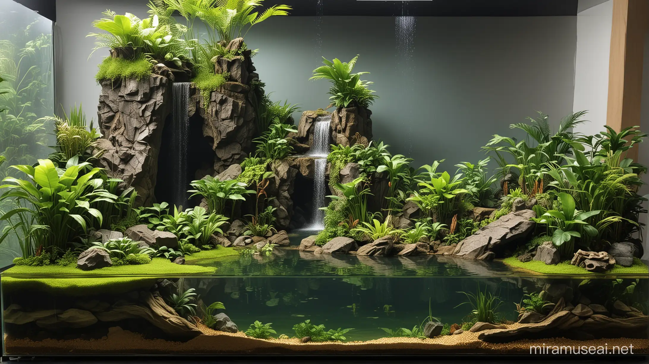 Tropical snake mountain paludarium with high cliff waterfall and lake-side.