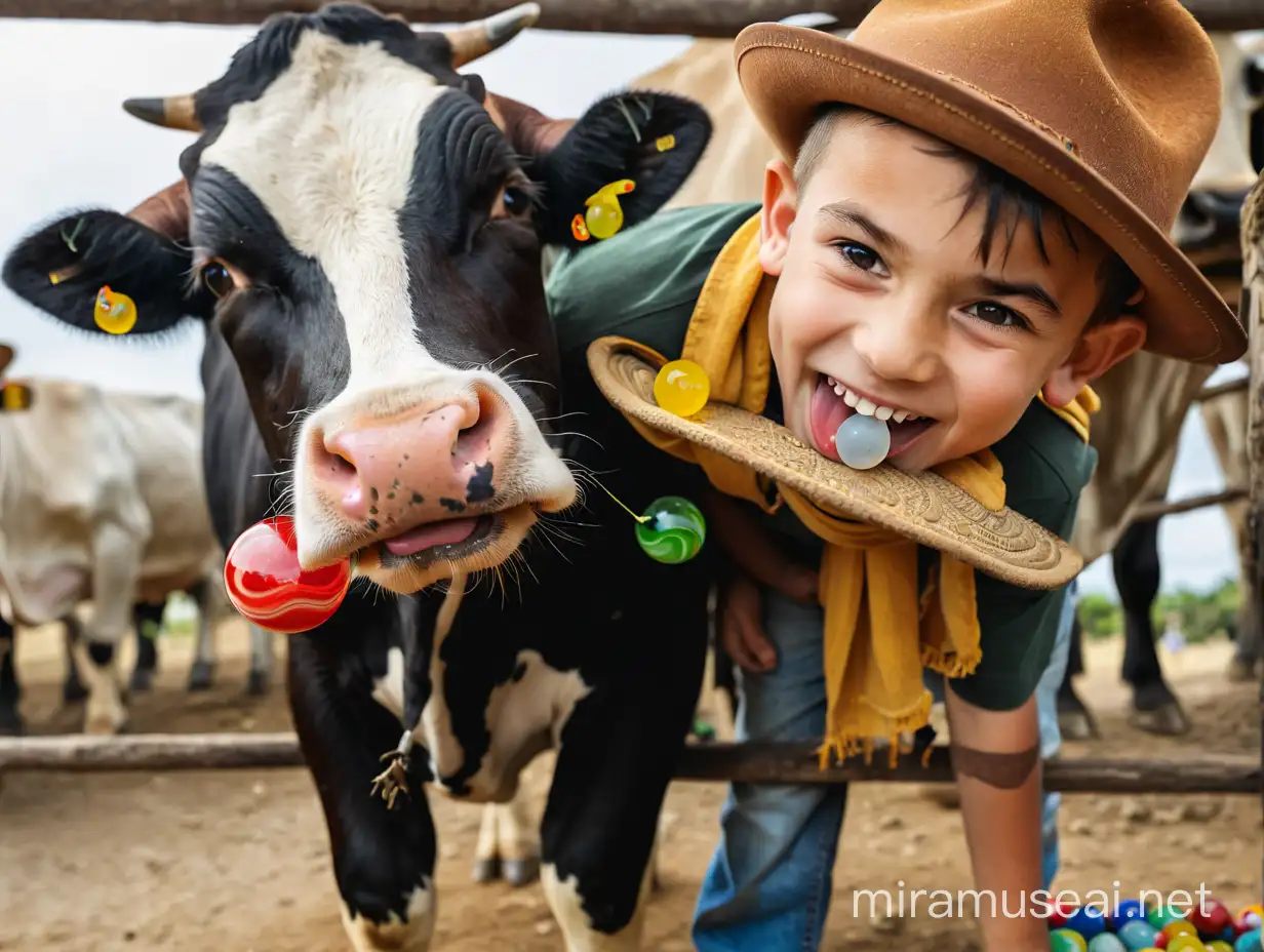 con esta imagen que la vaca este sacando la lengua y el niño guiñe con un ojo. que muestre que estan jugando con canicas