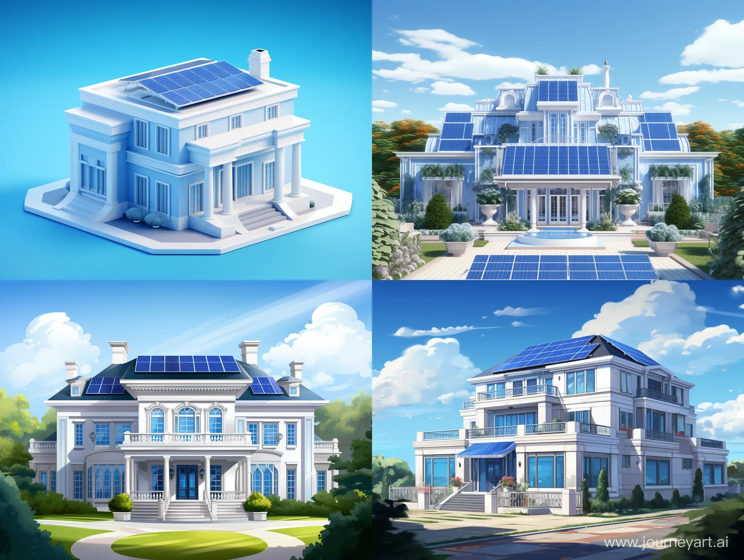 一个房顶有光伏的白色房子，体现能源，蓝色色系
