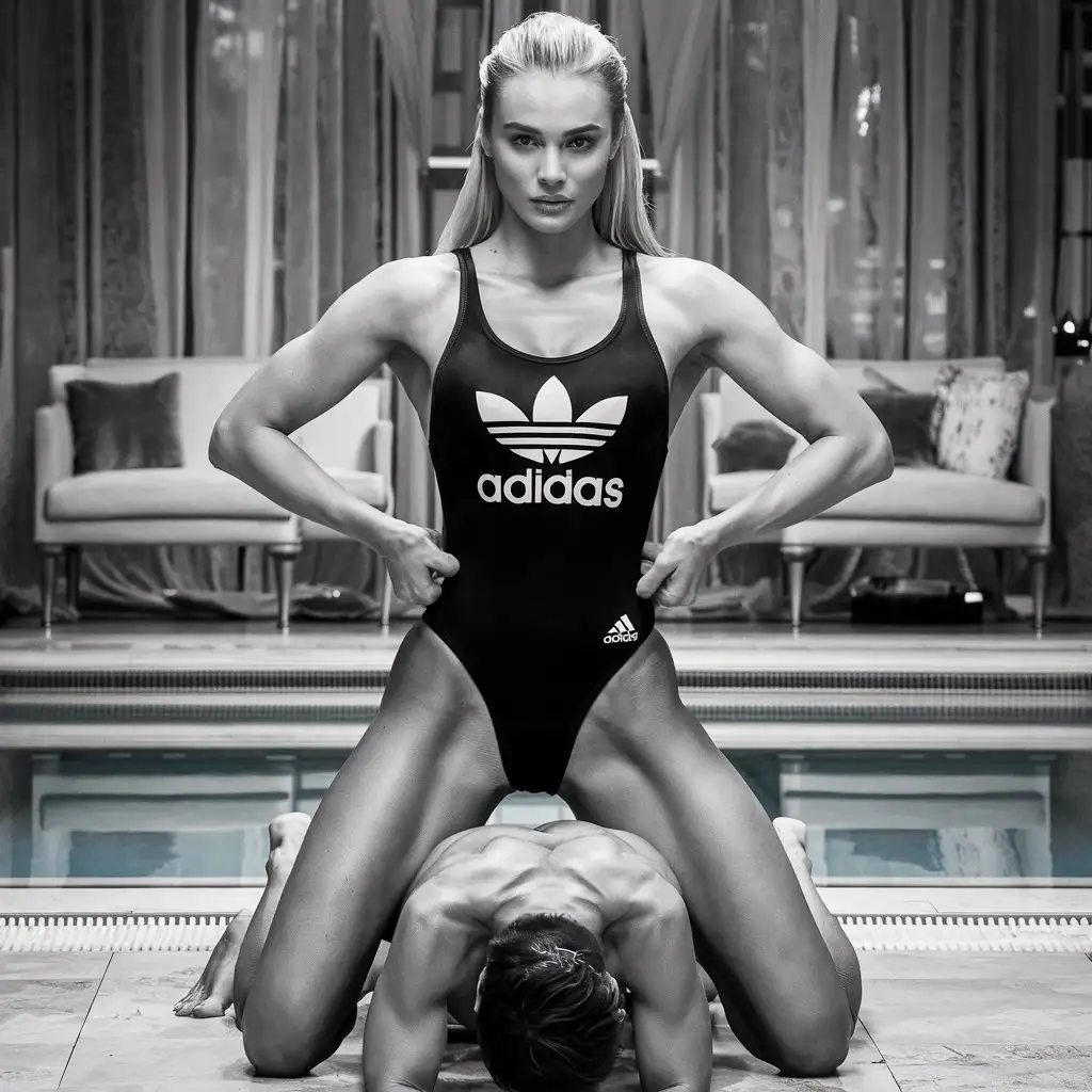 A beautiful and dominant 24-year-old skinny Nordic woman, standing, wearing a super-high-leg-cut Adidas competition one-piece-swimsuit, while a man is kneeling in front of her being submissive in a submissive position
