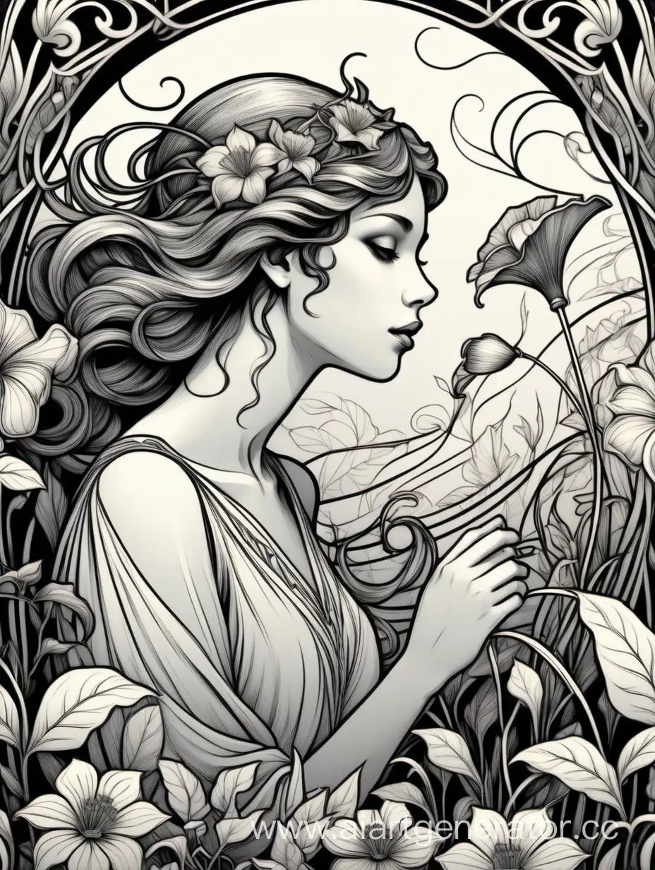 Aesthetic Background, Black and white Wall Art, Floral Illustration, Art Nouveau,  pen and ink, perfect composition, beautiful detailed 8k artistic photography, concept art, soft natural perfect light, sticker, 2d cute, fantasy, dreamy, vector illustration, line art, 