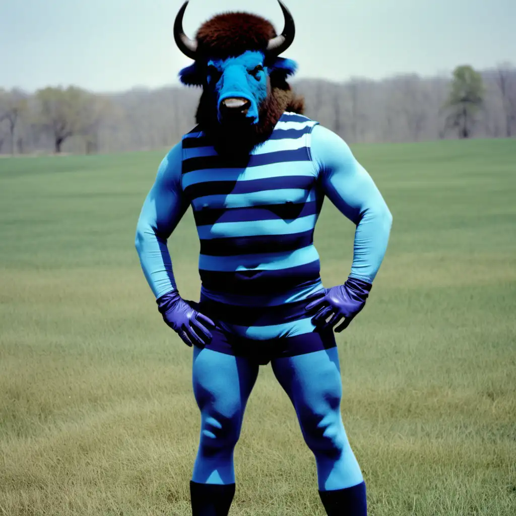 humanoid American bison, sleeveless navy blue pacific blue skintight horizontal striped costume, navy blue gloves, Indiana fields, day