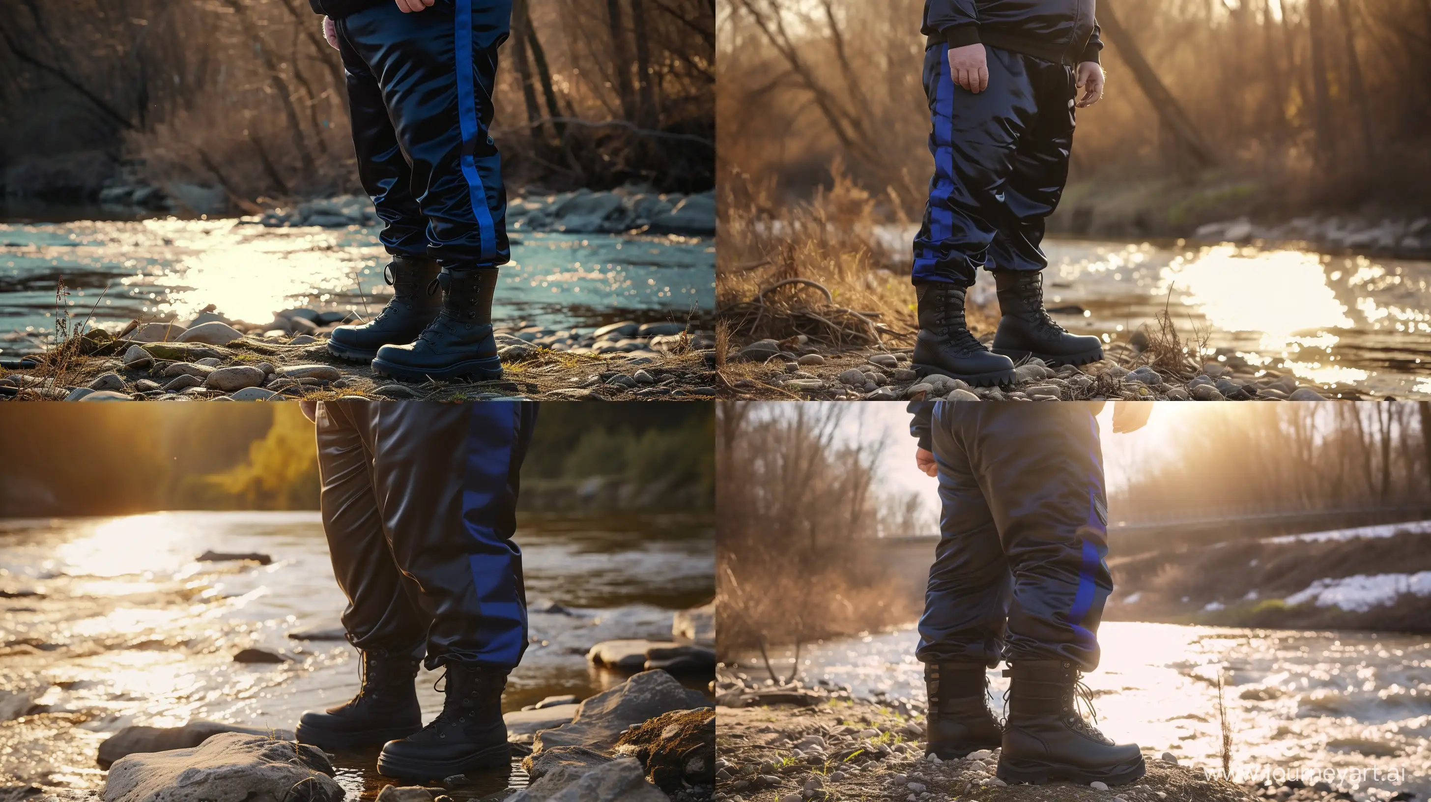 Front view close-up photo of a fat man aged 60 wearing a silk navy tracksuit with royal blue strip on the leg, black tactical boots. Sunlight on his body. Natural Light. River. --style raw --ar 16:9