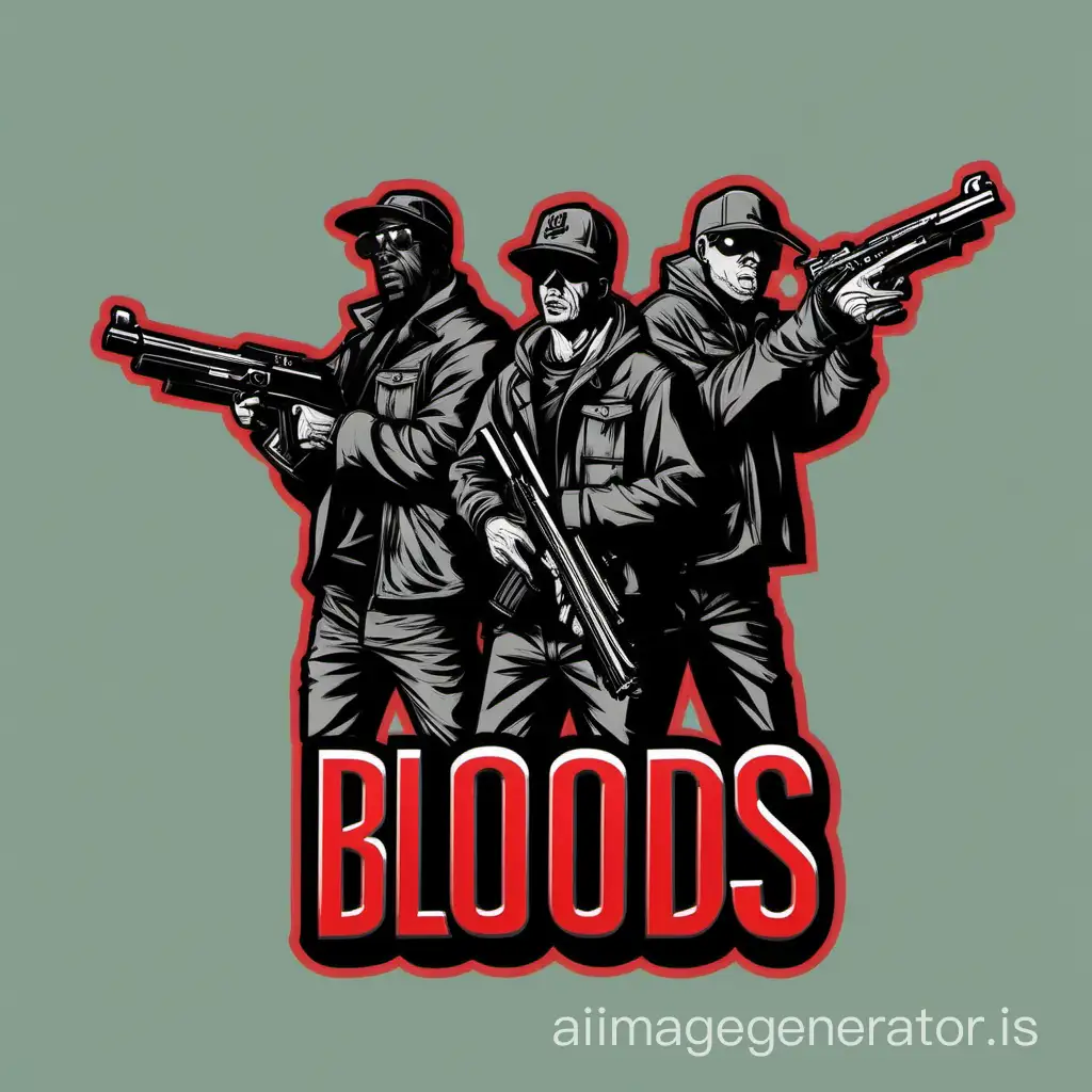 Crate me a logo of 3 mans with guns, and up on their head with text BLOODS