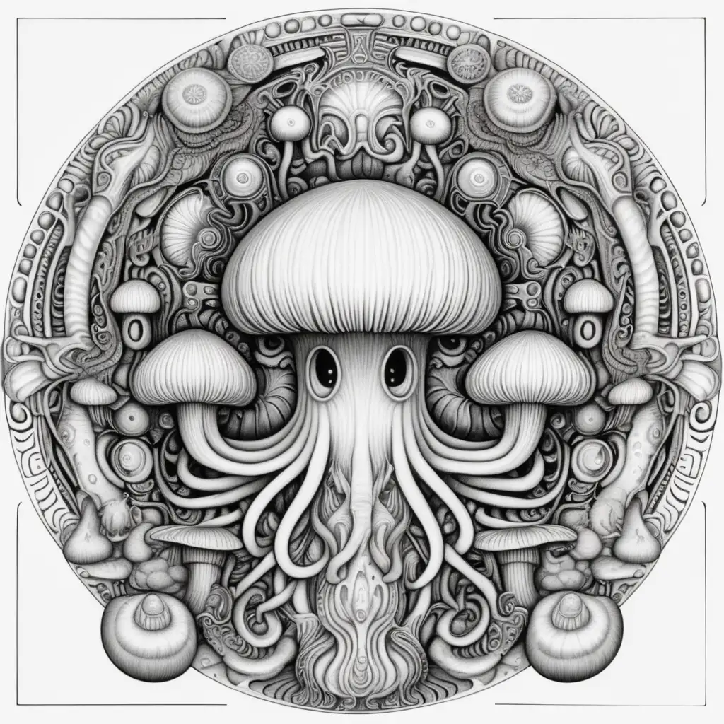 black & white, coloring page, white background, high details, symmetrical mandala, clear lines, happy mushroom creature, in style of H.R Giger