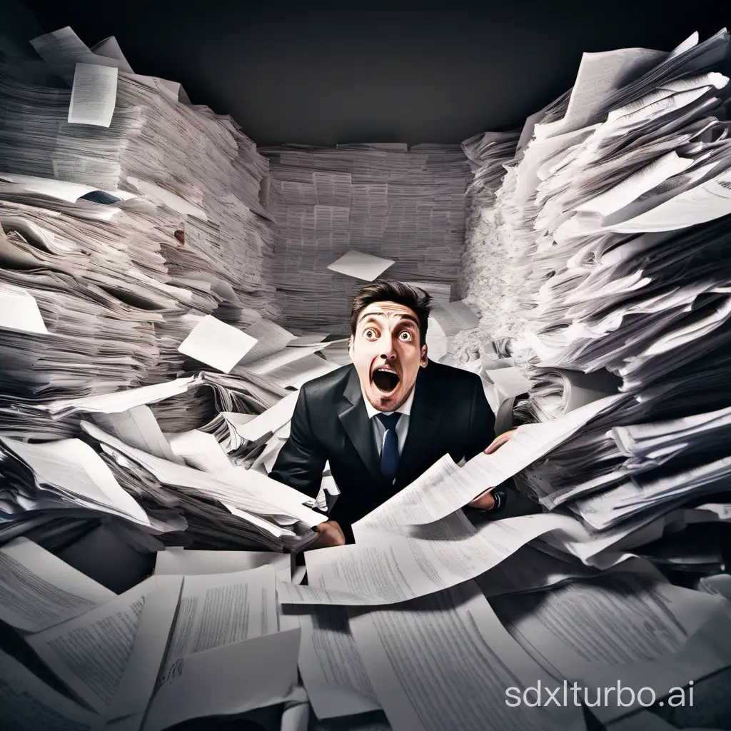 a man inside a pile of papers, trying to get out