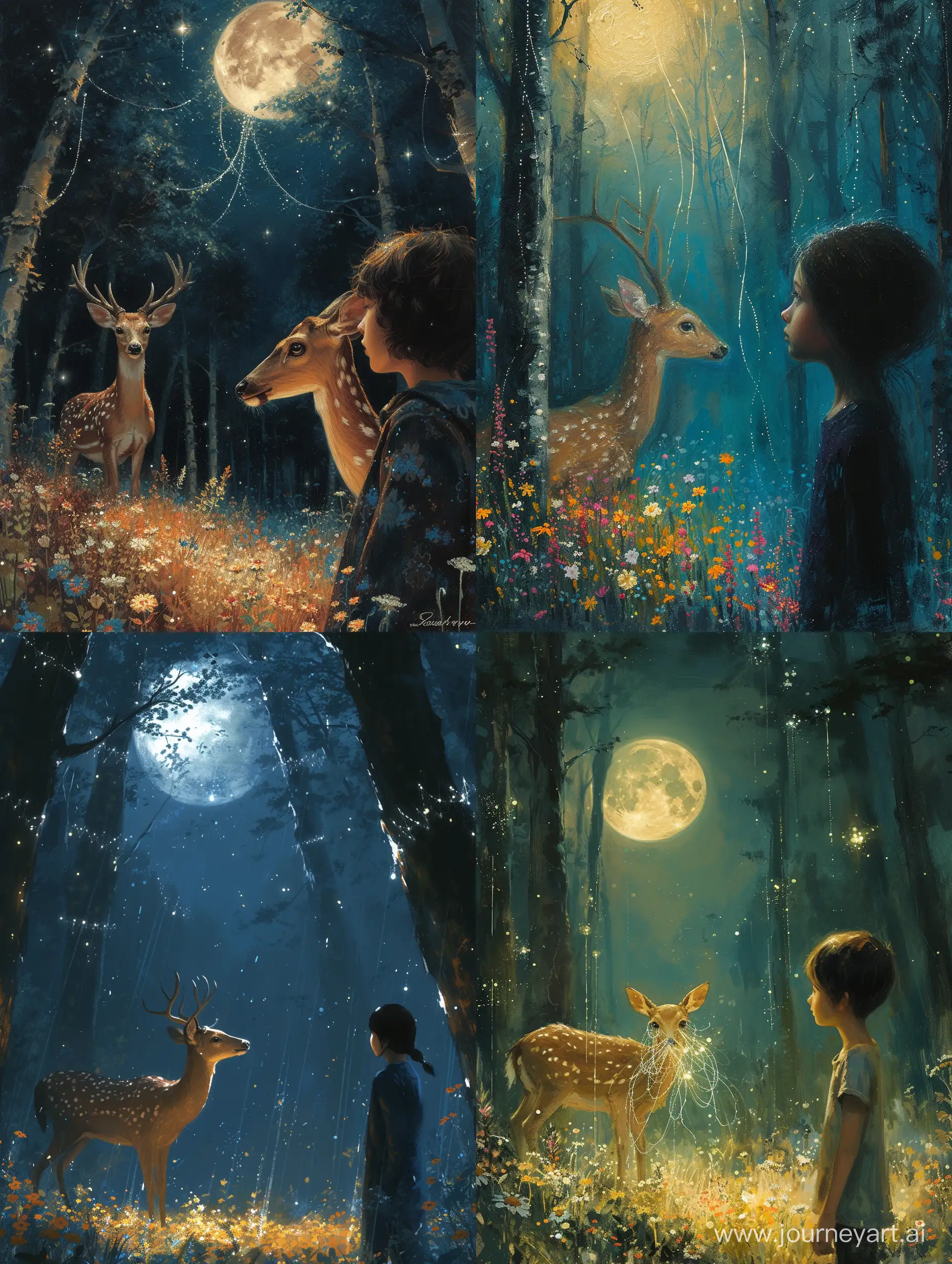 Imagine a moonlit forest bathed in a soft, ethereal glow. Tall, slender trees stretch towards the sky, their branches reaching out like embracing arms. In the foreground, a graceful deer stands amidst a vibrant carpet of wildflowers, its eyes reflecting a captivating enchantment.

Picture a human figure facing the deer, their head slightly tilted, gazing deeply into the deer's soulful eyes. The person's expression carries a mix of awe, longing, and vulnerability, as if surrendering to the power of love.

Intertwined with the flora and fauna, delicate strands of shimmering light weave through the scene, casting an aura of mystery and wonder. These strands emanate from the deer's eyes, symbolizing the enchanting magic that binds hearts together.

Using your creative brushstrokes and color palette, bring this enchanting reverie to life. Paint the moonlit forest with its serene ambiance, the deer with its grace and elegance, and the human figure with their introspective expression. Let the colors and textures reflect the ethereal and dreamlike qualities of this scene.

As you paint, immerse yourself in the emotions conveyed by the poem, and strive to capture the profound beauty, vulnerability, and enchantment that dance within its verses. Let your artistic interpretation create a visual masterpiece that evokes a sense of tranquility and invites viewers to reflect on the power of love and longing. --s 750