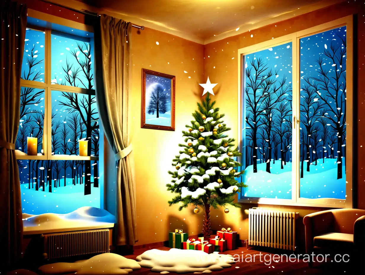 комната, за окном зима, стоит новогодняя елка, ночь