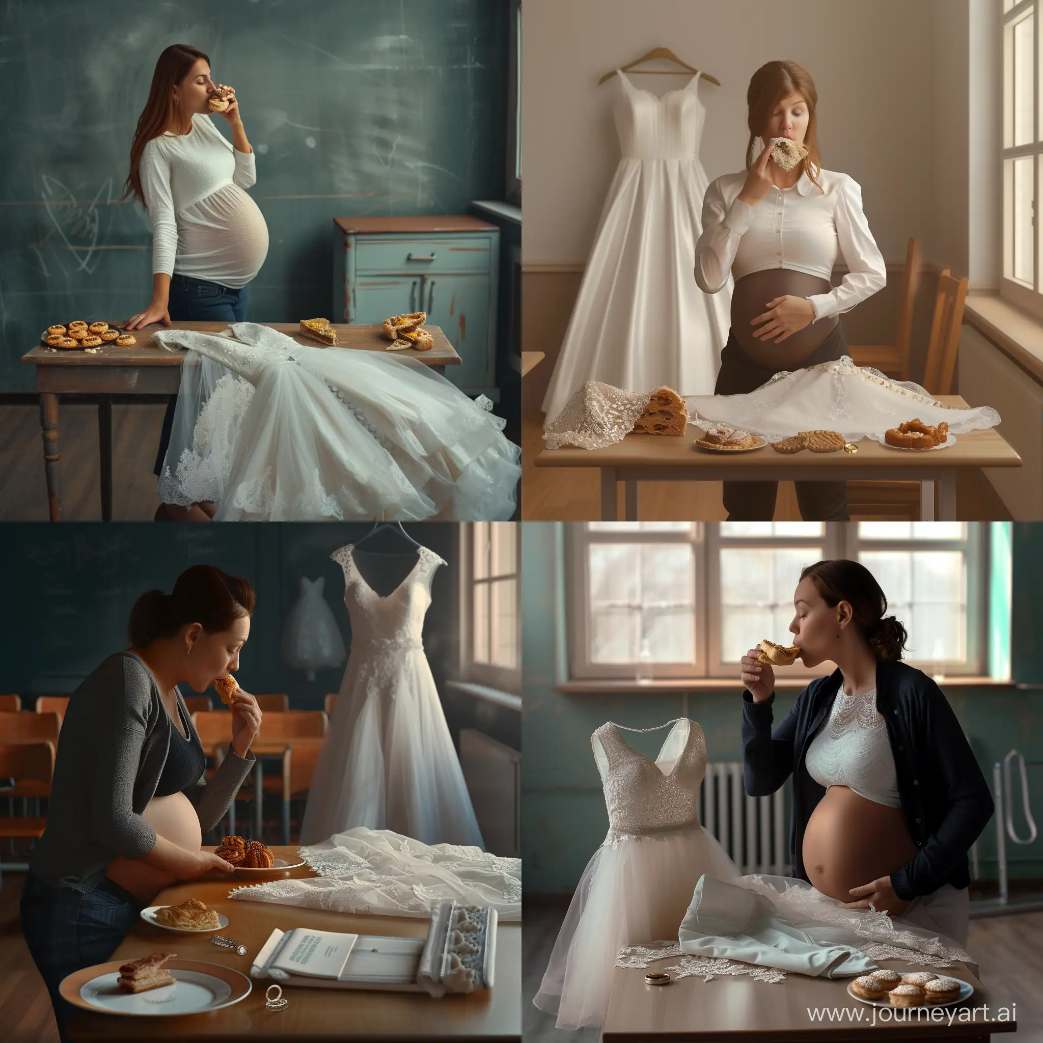 Teacher-Woman-Eating-Pastries-in-Class-with-Wedding-Dress-and-Ring-Nearby