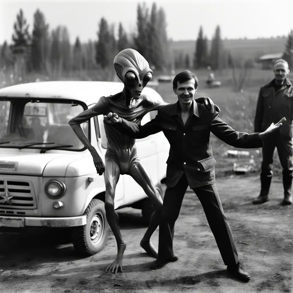 советский мужик с инопланетяниномт анцуют на сельской дискотеке ,  стоят около уазика, чернобелая фотография