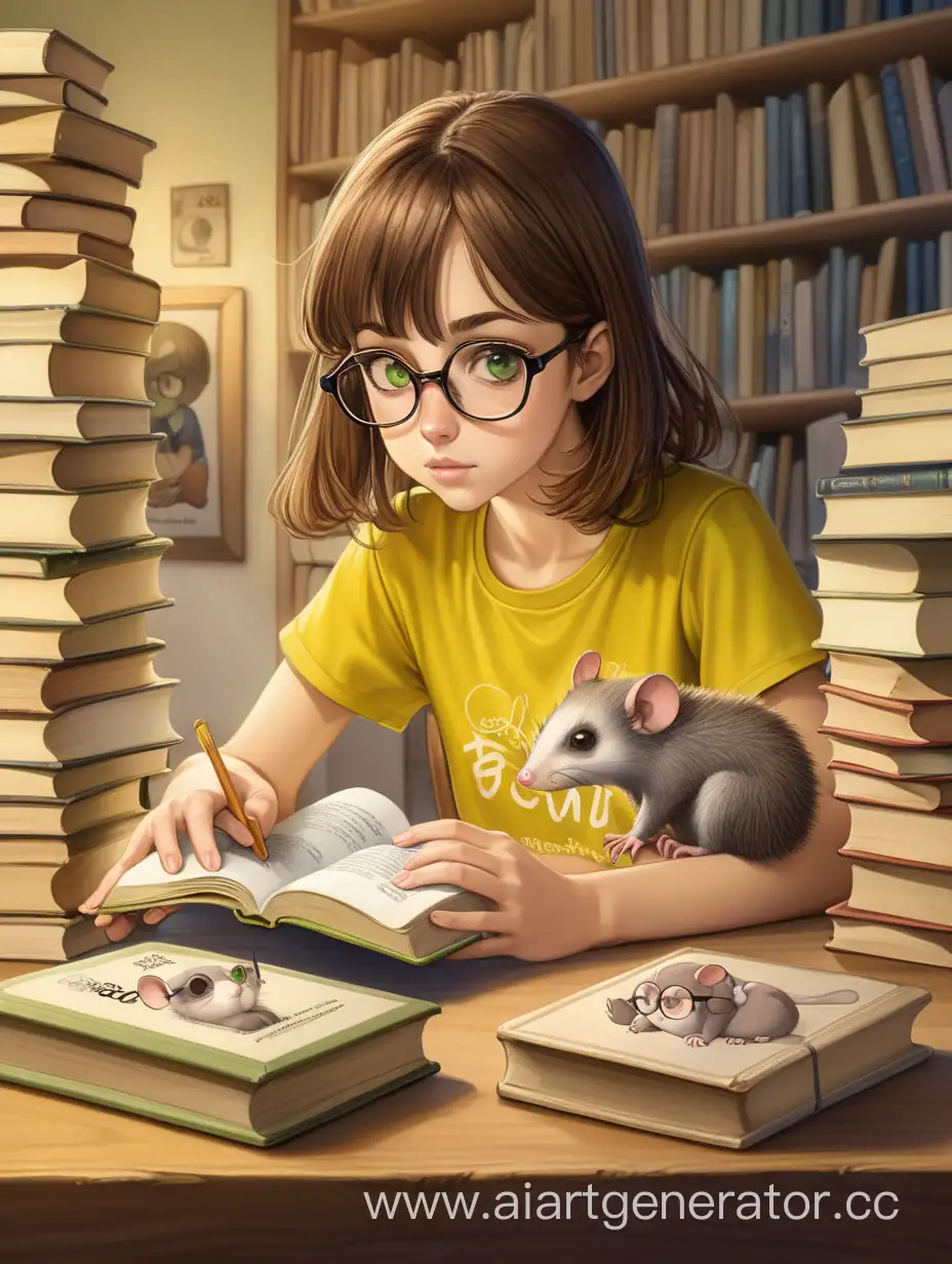 Девушка с коричневыми волосами до плеч, в очках, зелеными глазами, в желтой футболке сидит за столом, читает книгу, рядом на столе стопка книг, на которой сидит маленький опоссум и с интересом наблюдает за девушкой, нарисовано как аниме
