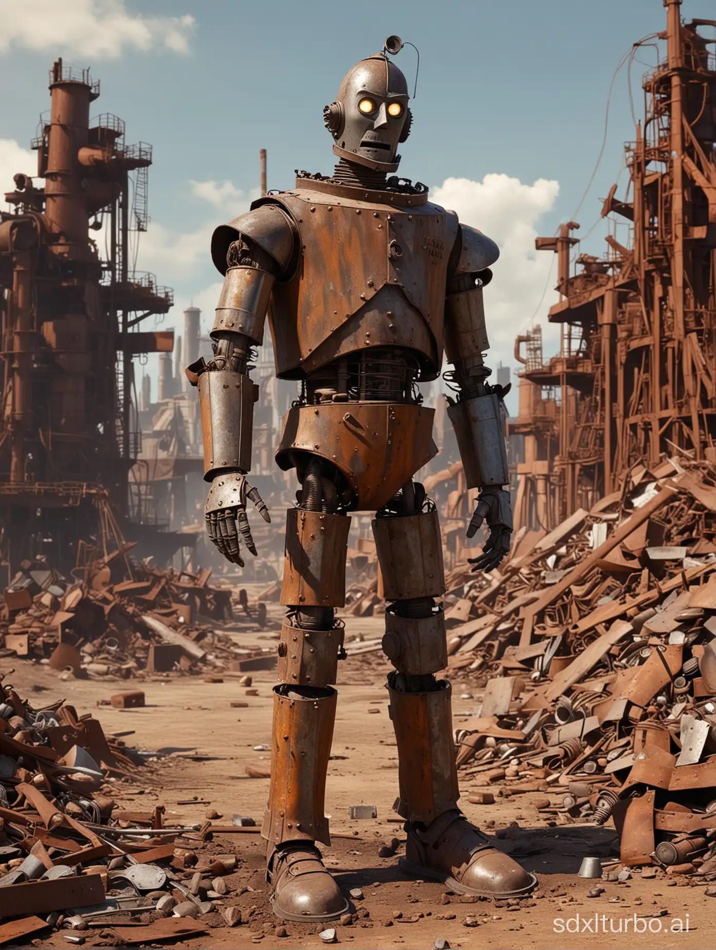 The rusty Tin Man character from The Wizard of Oz is standing upright rusted and abandoned on a pile of rusty scrap metal parts ready to be incinerated in a blast furnace
A highly realistic clear high resolution photo rendering.