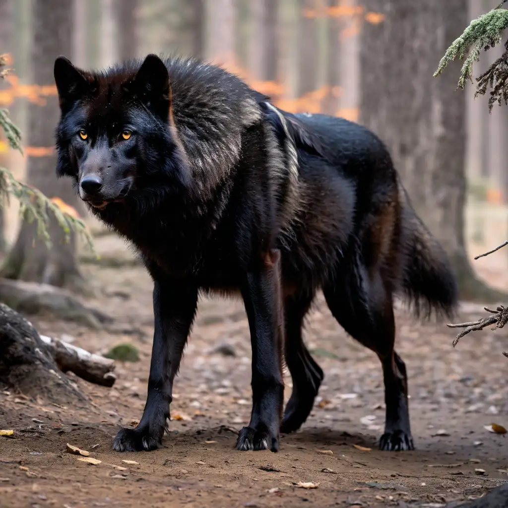 black wolf emerging from dark forest background 