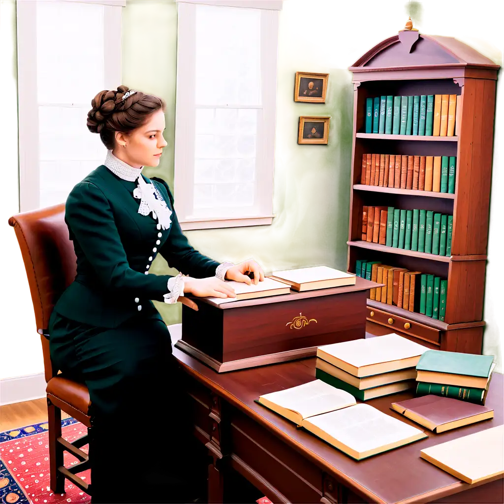 a genealogist in her office, white, historical victorian style