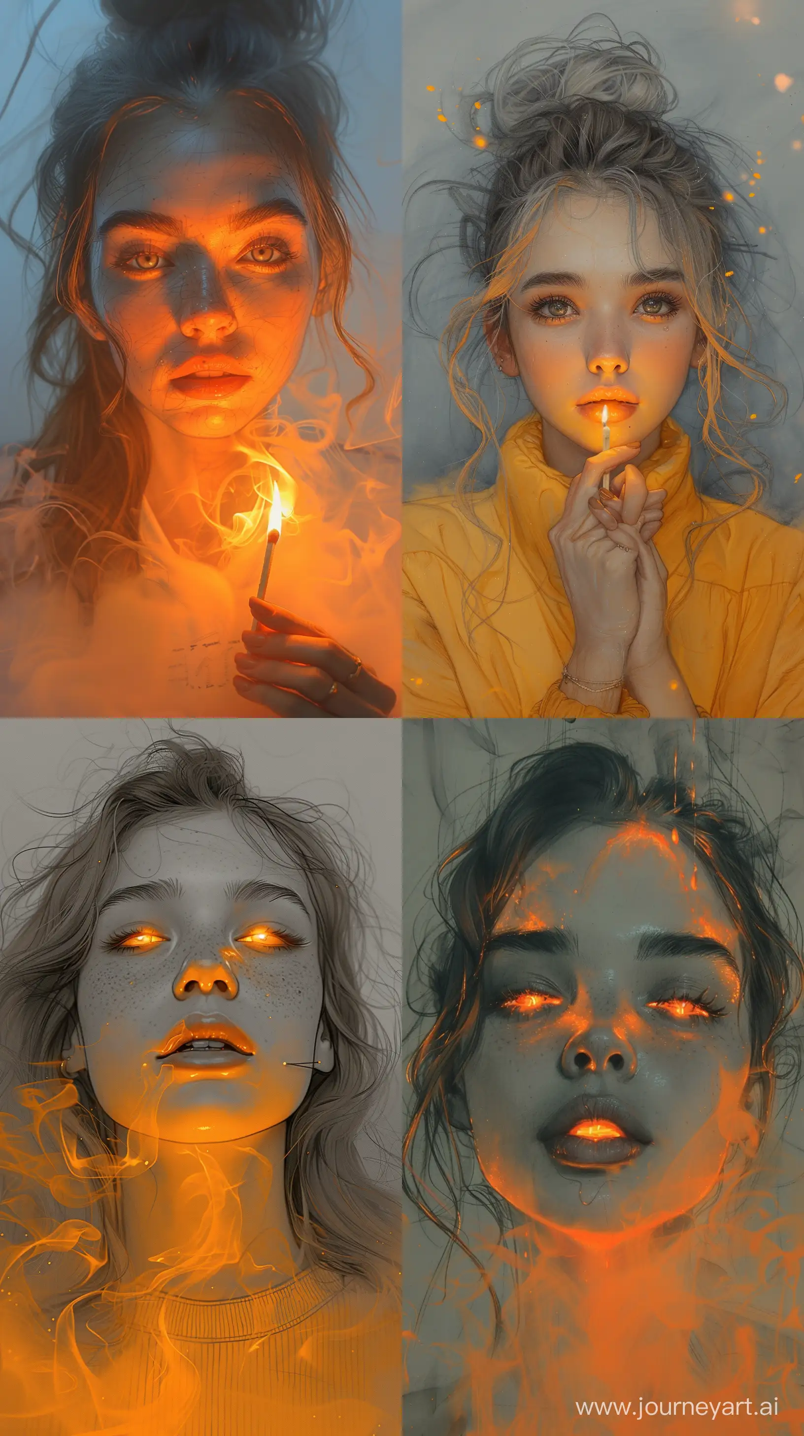 https://s.mj.run/vOESacfru4M the drawings drawn with lit matches were cute, in the style of feminine portraiture, golden light, light gray, pensive poses, smokey background, light orange and light black, light & shadow --ar 9:16 --stylize 750 --v 6