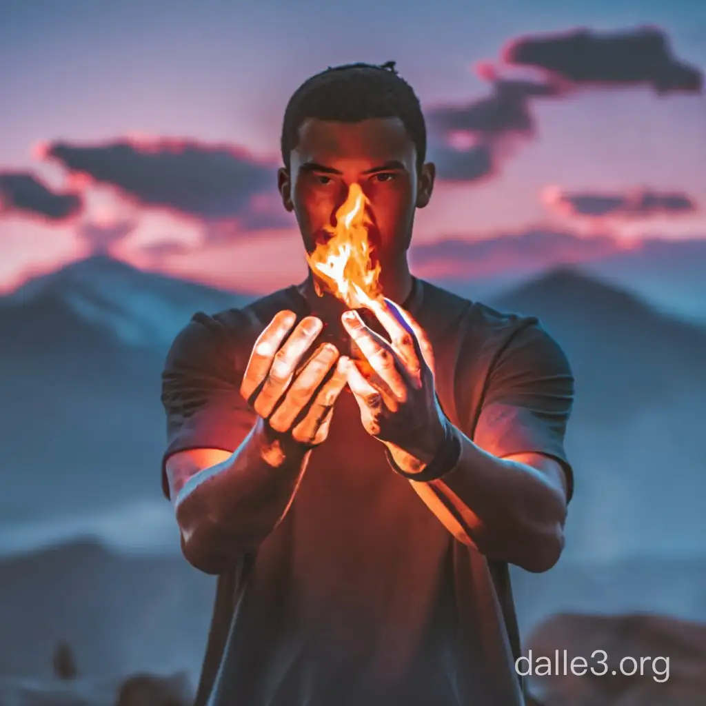 A young man stands in the center of the frame, wearing a dark shirt. His hands are extended forward, gripping red glowing flames that casts a luminous tint onto hands. The background consists of dark mountains and a sky that might appear smoky or lit by the adjacent fire and lava. The fiery landscape give the scene a foreboding atmosphere, suggesting a fantasy setting.