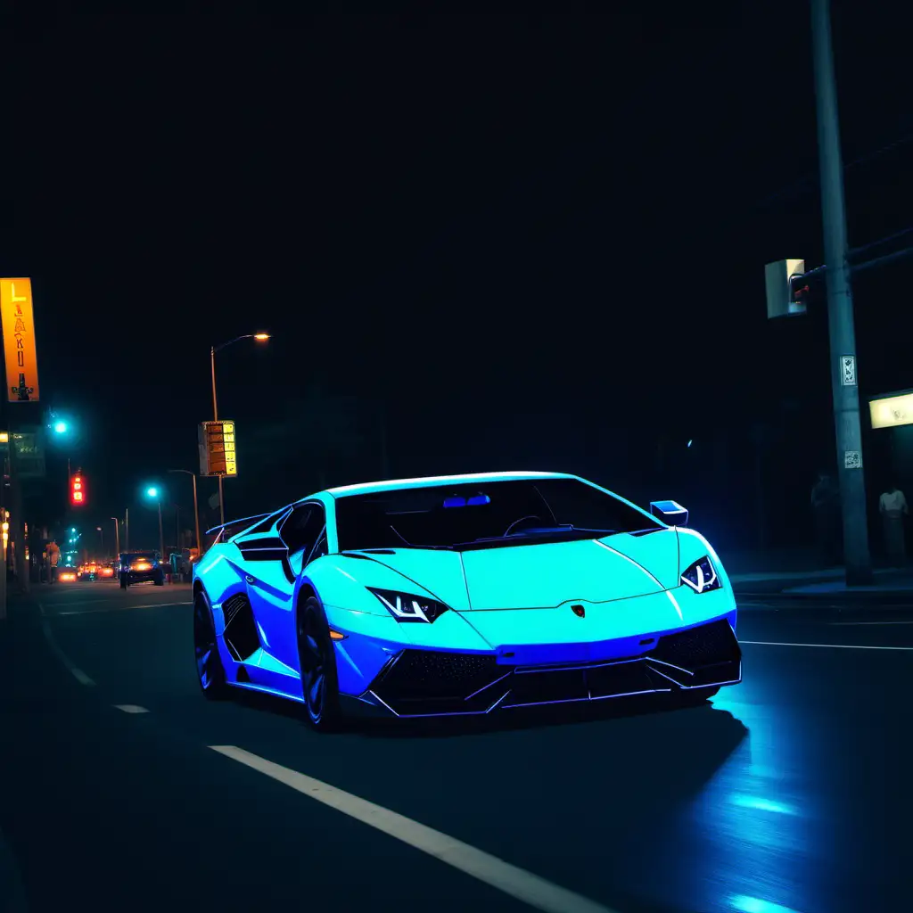 Neon Blue Lamborghini Speeding Through Dark City Streets