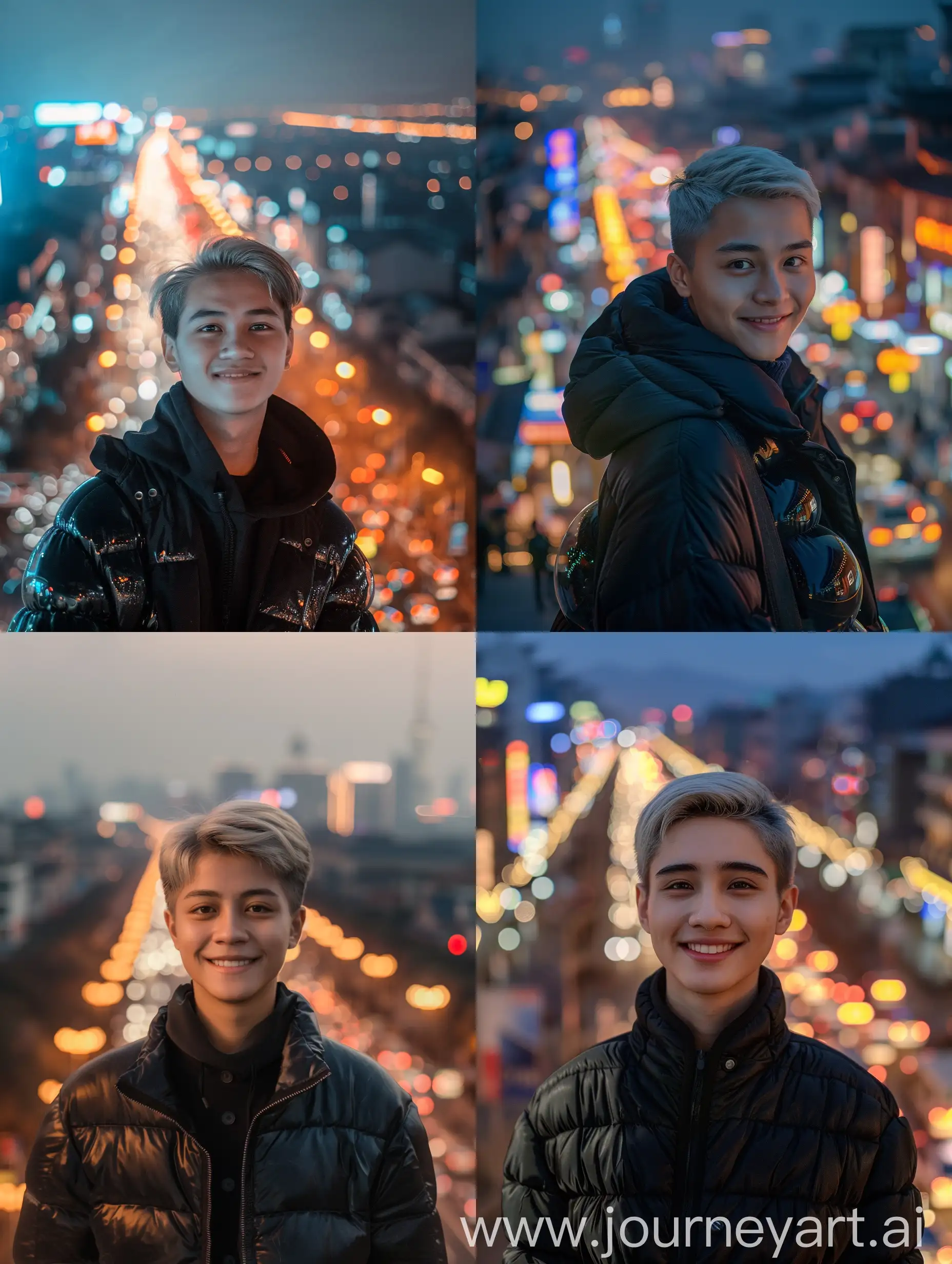 (8K, RAW Photo, Photography, Photorealistic, Realistic, Highest Quality, Intricate Detail), Medium photo of a 25 year old Indonesian guy, wearing a black bubble jacket, smiling at the camera, short ash blonde hair, his eyes looking at the camera, angle his eyes were level with the view of the Chinese city at night on the streets busy with many things. light .

