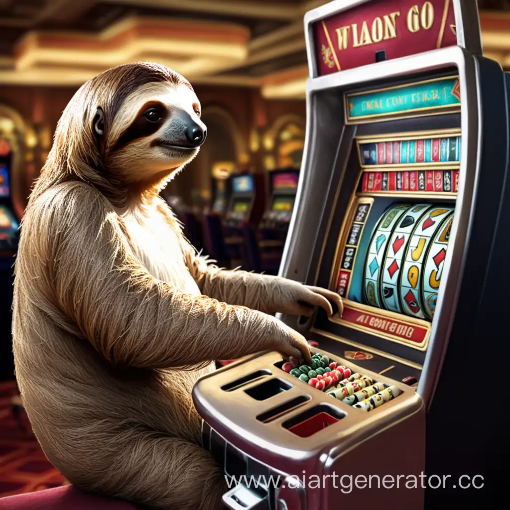 Sloth-Playing-Casino-Slot-Machine-Adorable-Animal-Leisure-Activity