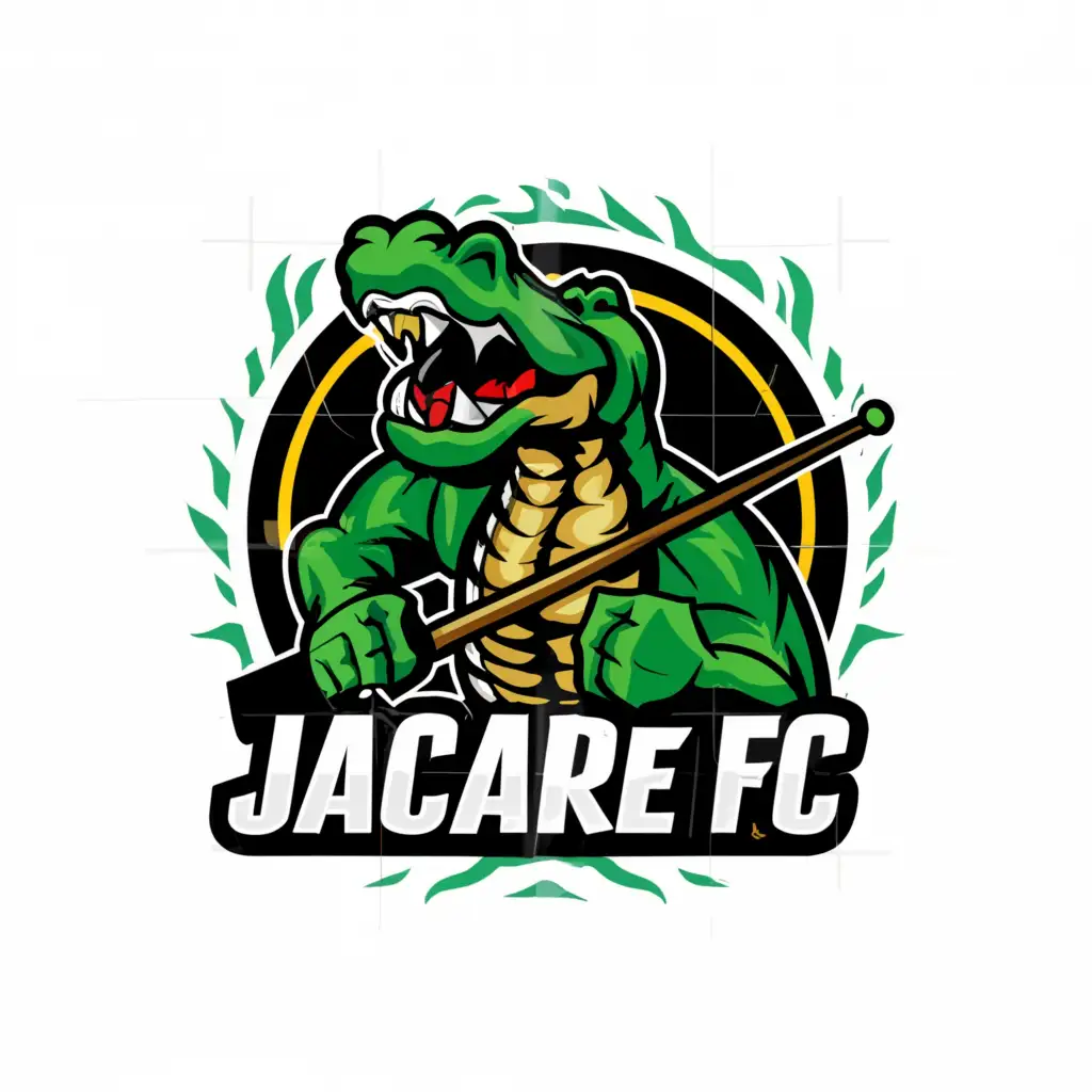 a logo design,with the text "Jacaré FC", main symbol:Aligator playing snooker, strong aligator holding a pool cue, green, circle logo,Moderate,be used in Entertainment industry,clear background