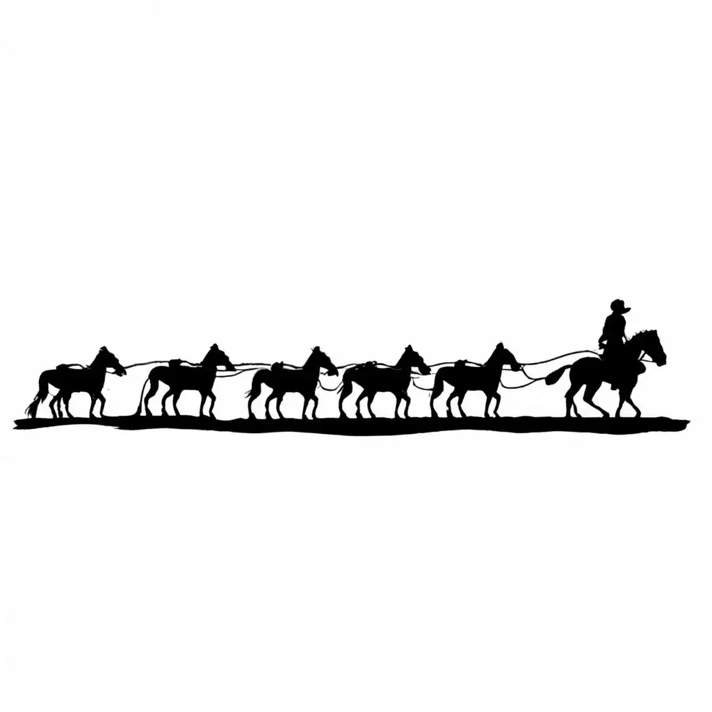 A black and white simplistic silhouette of a string of pack mules being led by a cowboy riding a horse in front of the pack, western theme