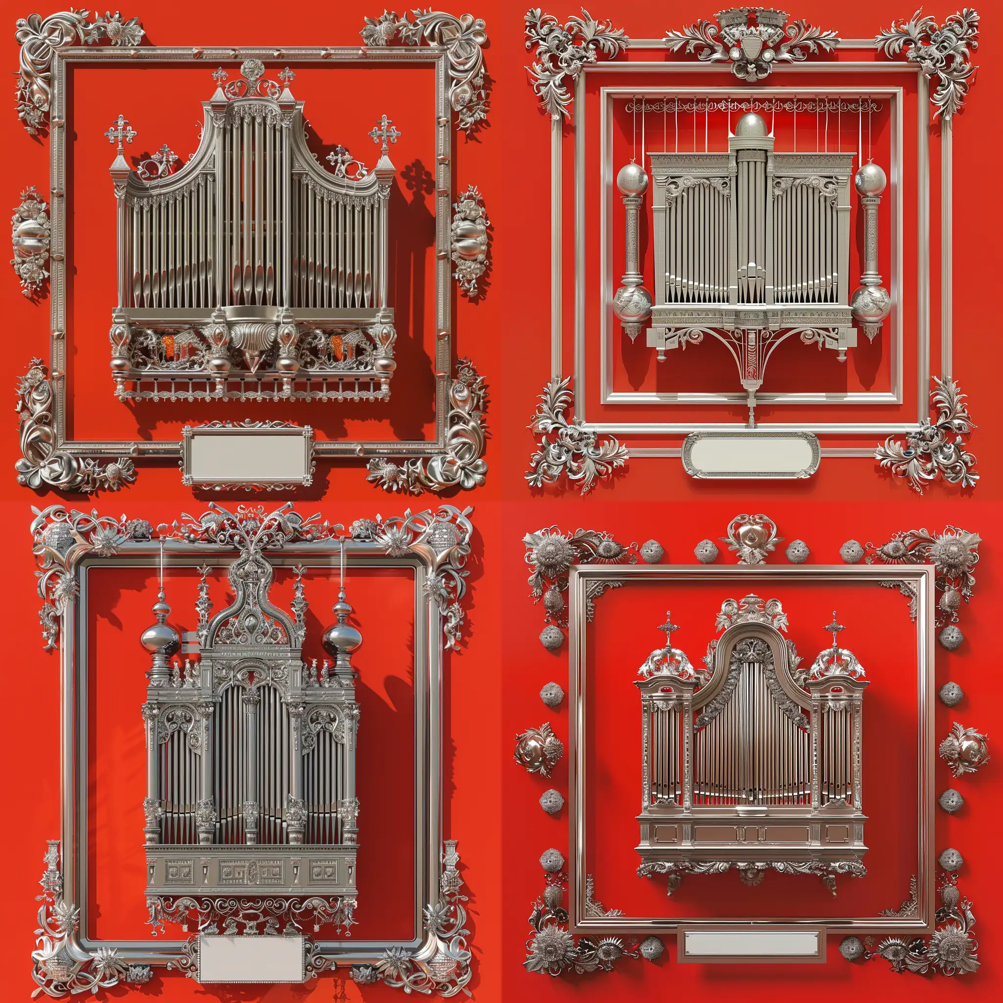 A silver slavic organ, on a bright red background, framed with slavic silver ornaments, with a blank nameplate at the bottom, clean digital painting