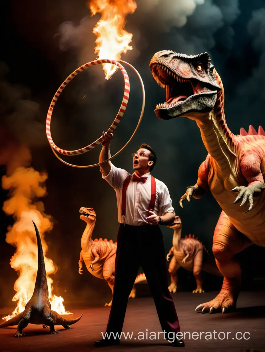 Circus-Trainer-Performing-Fiery-Hoop-Act-with-Three-Dinosaurs