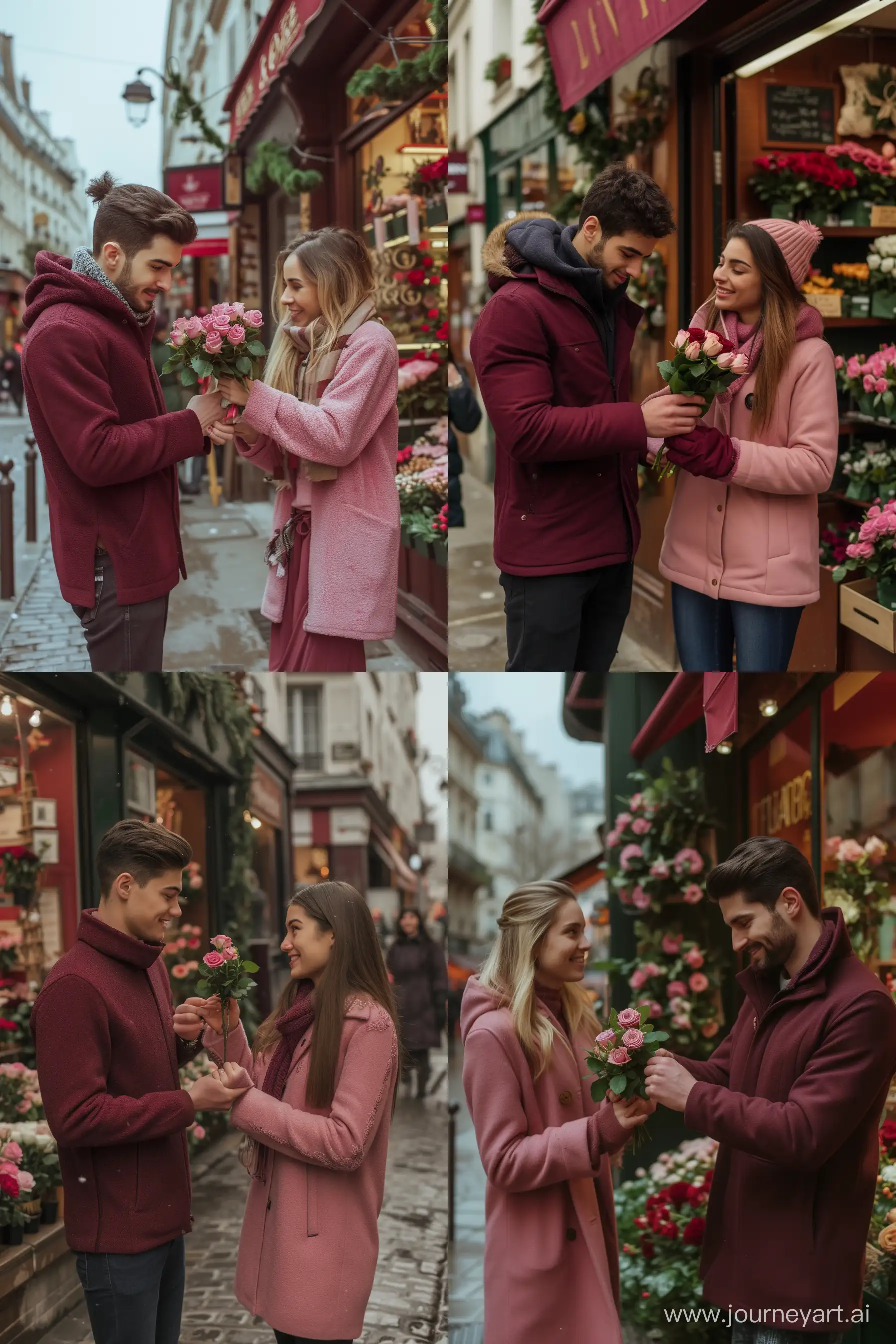a photo of a handsome young man giving a small romantic bouquet of roses to his girlfriend, they’re dressed in burgundy and pink winter clothes, standing in front of a flower shop in a cozy street in Paris, it’s a cloudy winter day --ar 2:3 --v 6.0