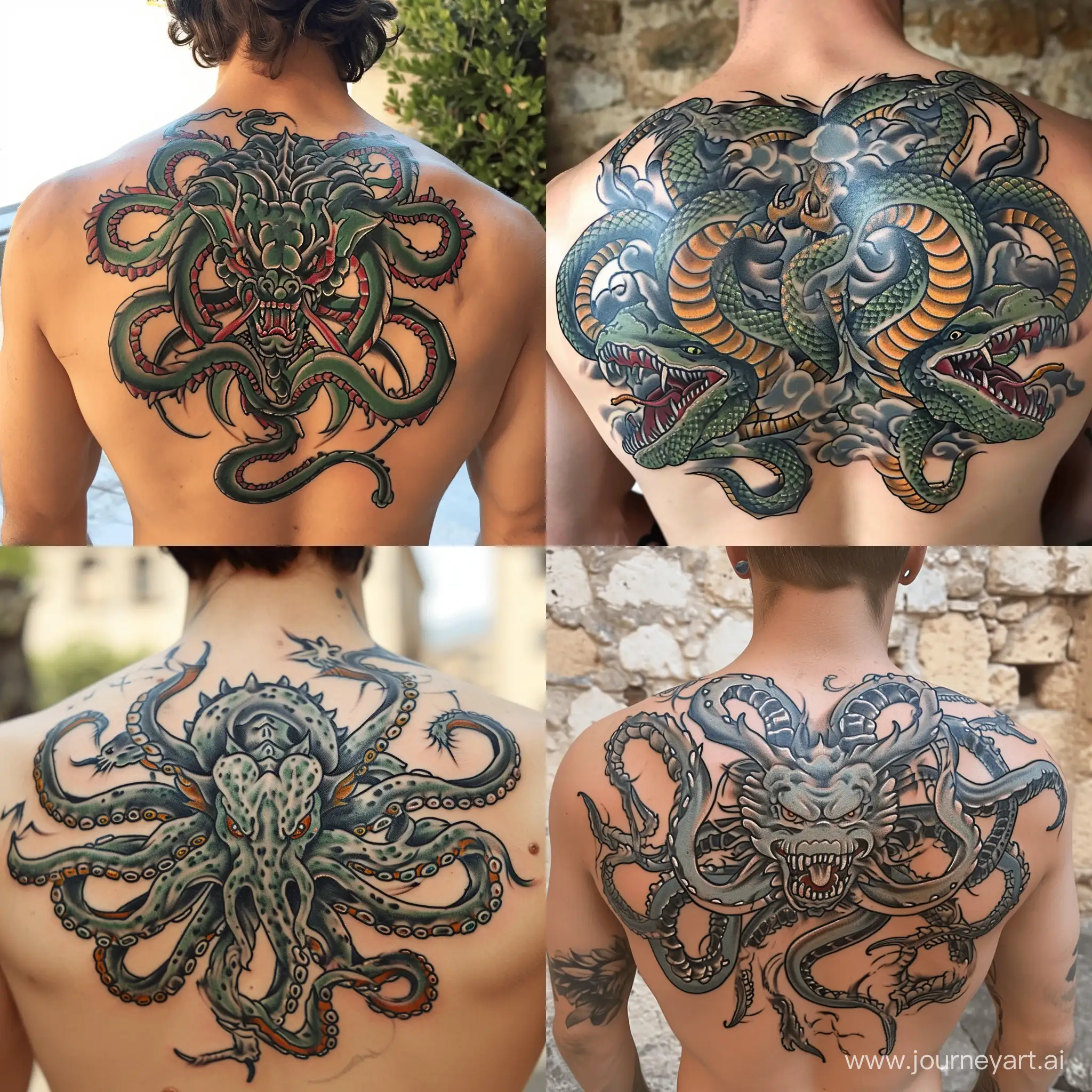 Lernaean Hydra tattoo motive with color on back