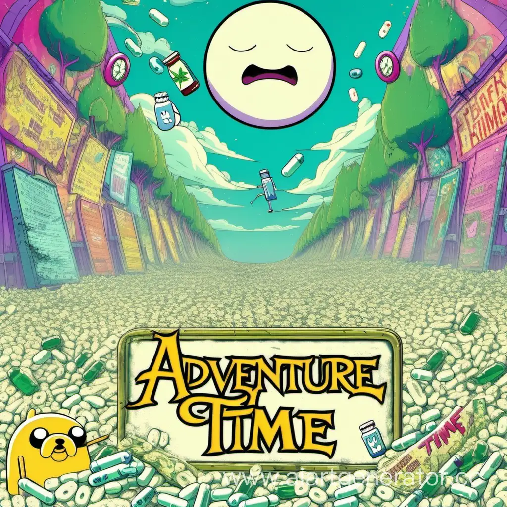 Adventure time advertising banner with party in the background in the background powdered sugar, pills and  weed There is a sign in front without any inscriptions 
