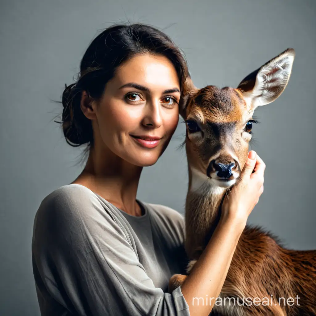 Woman Holding a Small Deer Tenderly