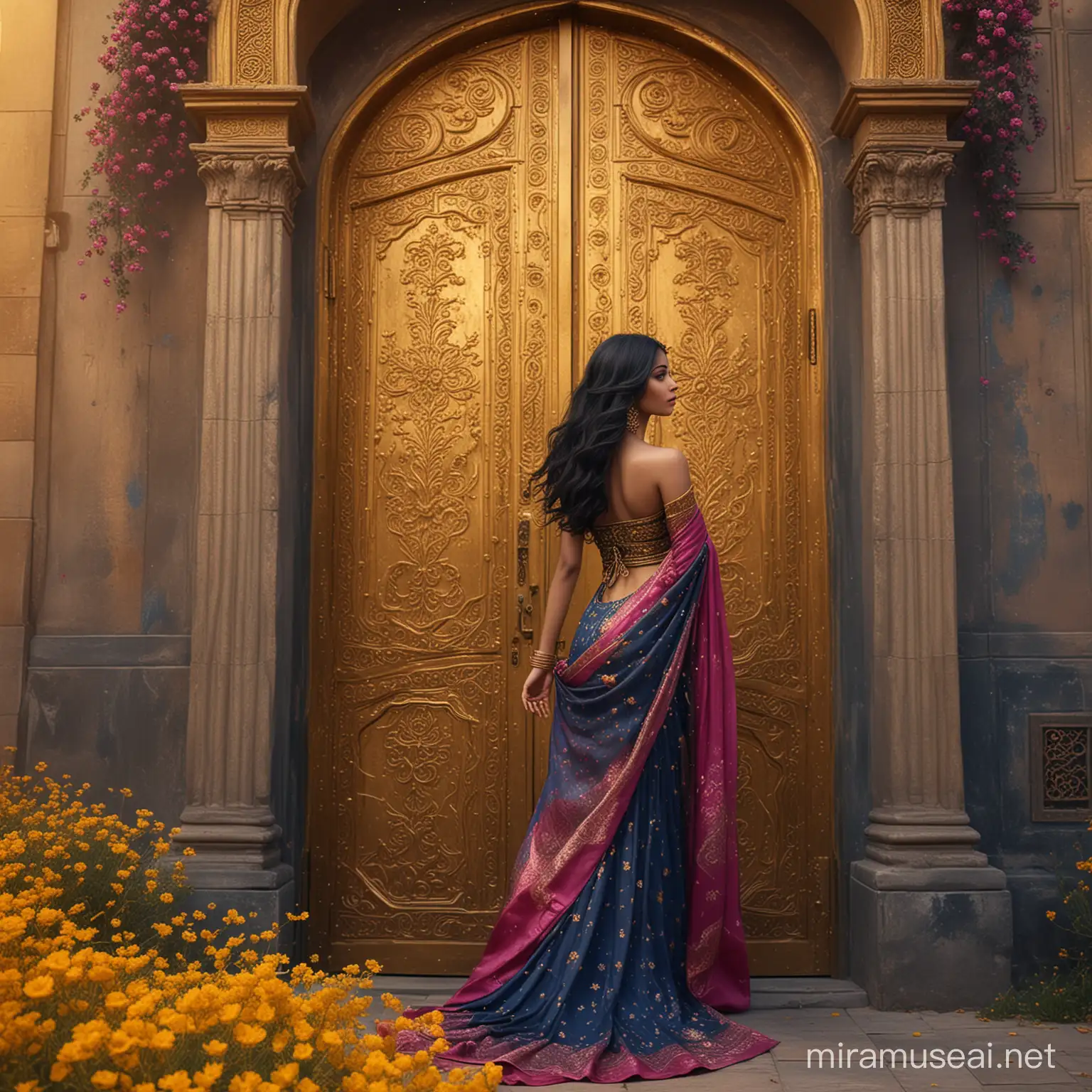 Elegant Woman in Sari Dress Standing under Golden Arabian Door amidst Dark Yellow Flowers