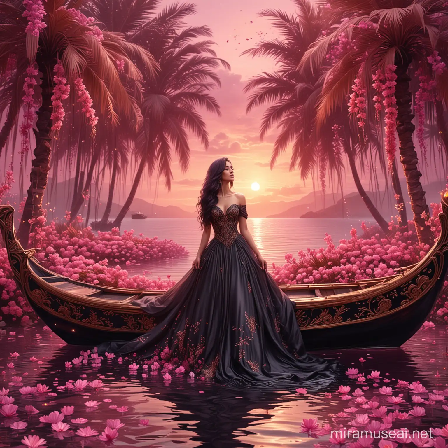 A beautiful woman, making a wish, under a big golden floral palm, surrounded by dark pink flowers. Long wavy dark purple hair. Elegant black wedding dress, haute couture.  Background floral boat in pink water..8k, fantasy, illustration, digital art, illustration art, fantasy art, fantasy styl