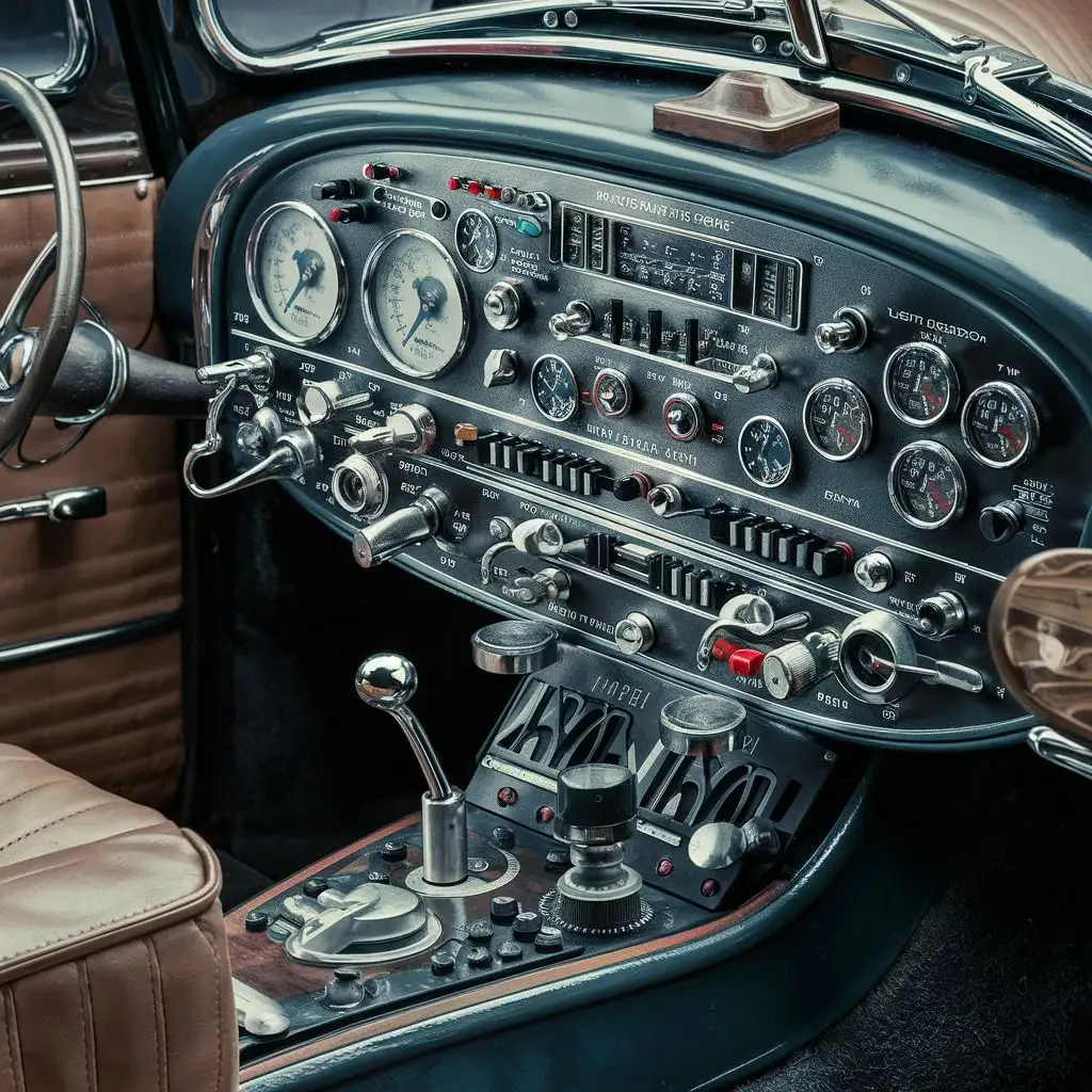 super complicated control panel in a  Model A car with knobs, gauges, switches, levers, buttons, dials