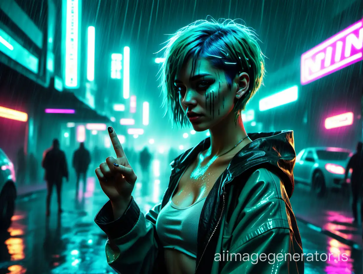 Cyberpunk style, night, girl with short turquoise hair, flipping the middle finger, rain, neon lights, cinematic, realism