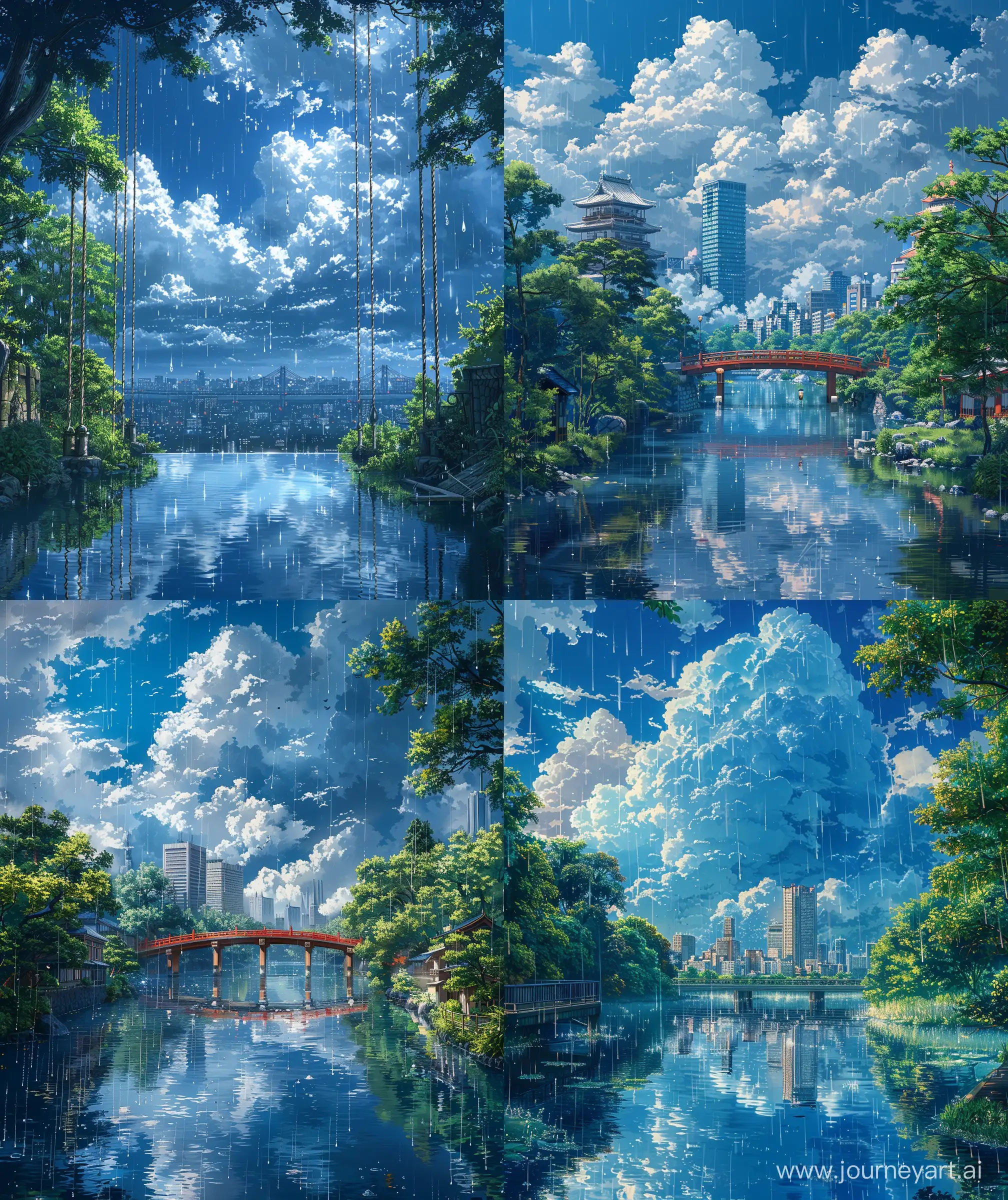 Beautiful anime view, mokoto shinkai and Ghibli style, city view, bridge, water reflection, beautiful blue sky, rain after sky, white and gray clouds around, beautiful atmosphere, illustration, ultra HD, high quality, sharp details, anime scenary, no hyperrealistic --ar 27:32 --s 1000