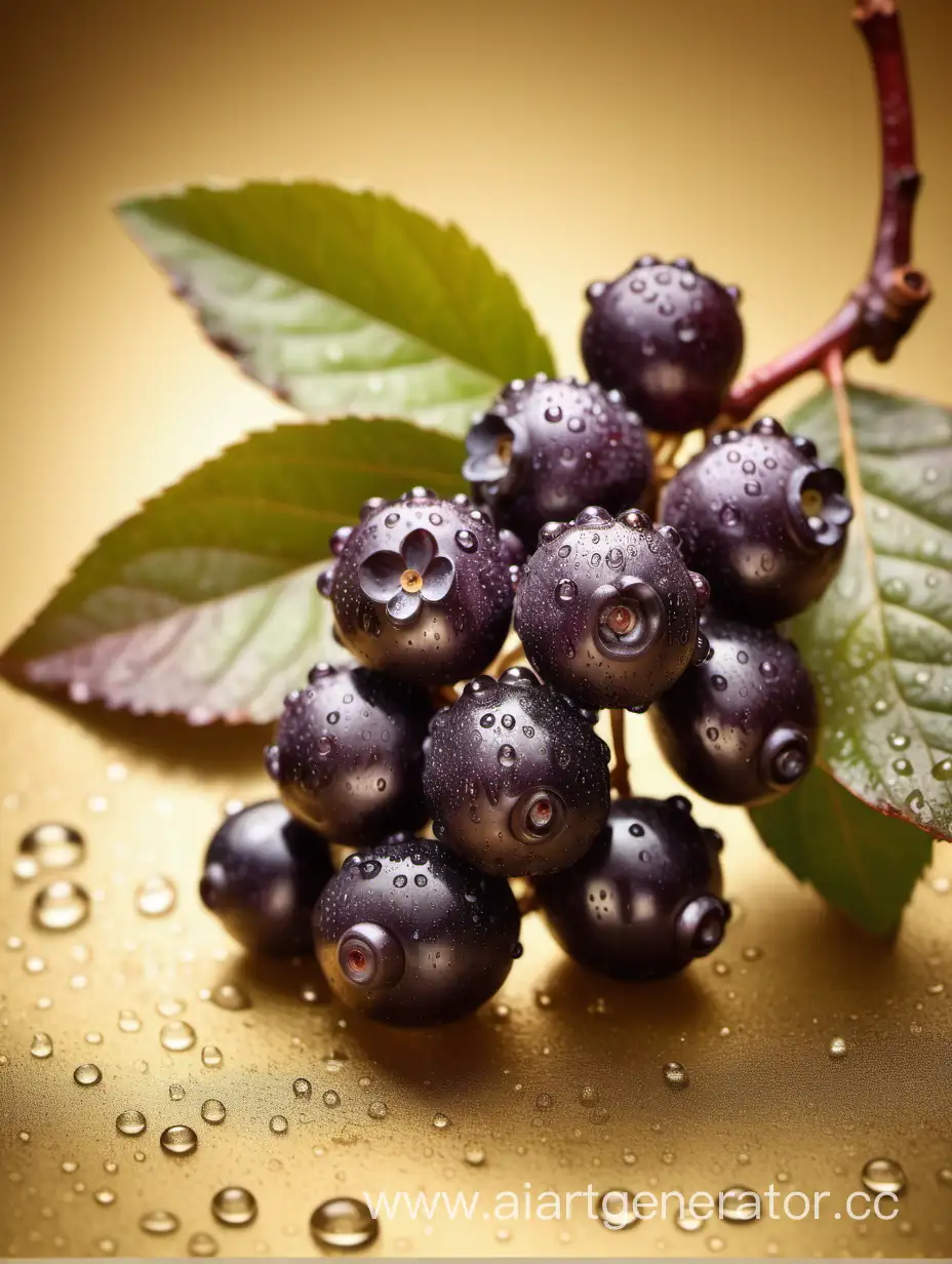 Aronia-Berries-with-Water-Drops-on-Antique-Golden-Background