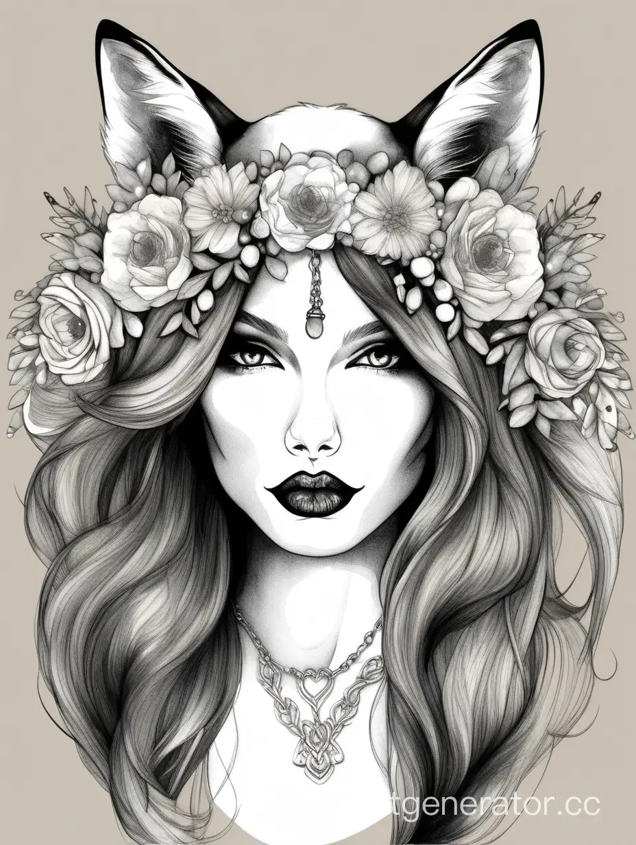 Stylish-Fox-Illustration-with-Long-Hair-Wreath-and-Necklace