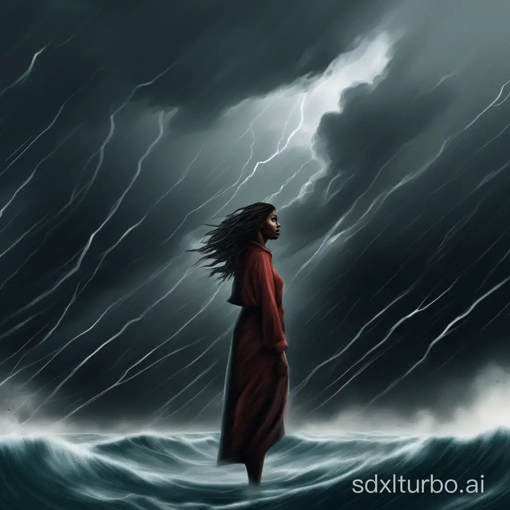 A digital painting of a woman standing tall and unwavering in the face of a storm